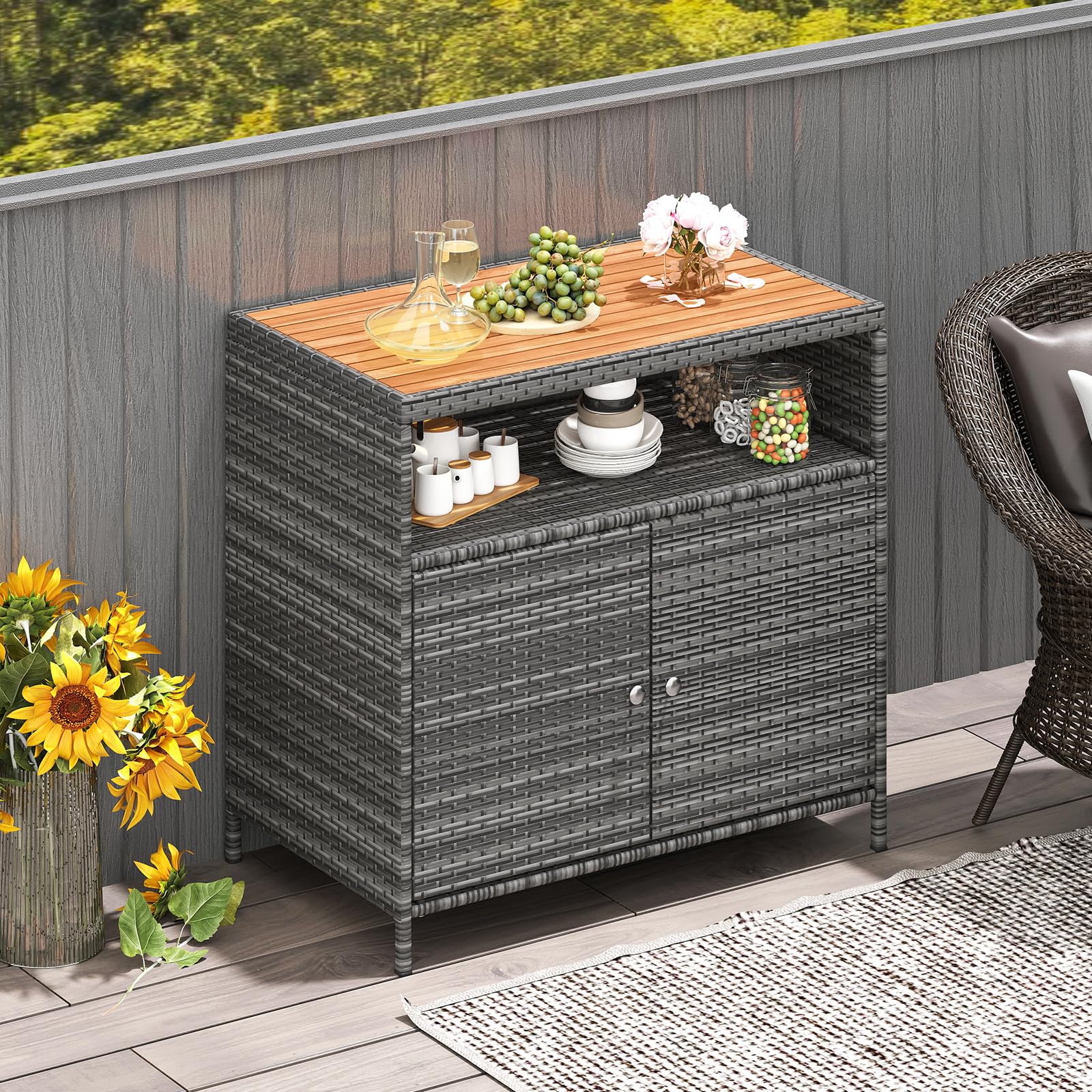 COSTWAY Armoire de Rangement Exterieur en Rotin, Jardin avec Plateau en Bois d'Acacia, Buffet 2 Portes, Gris