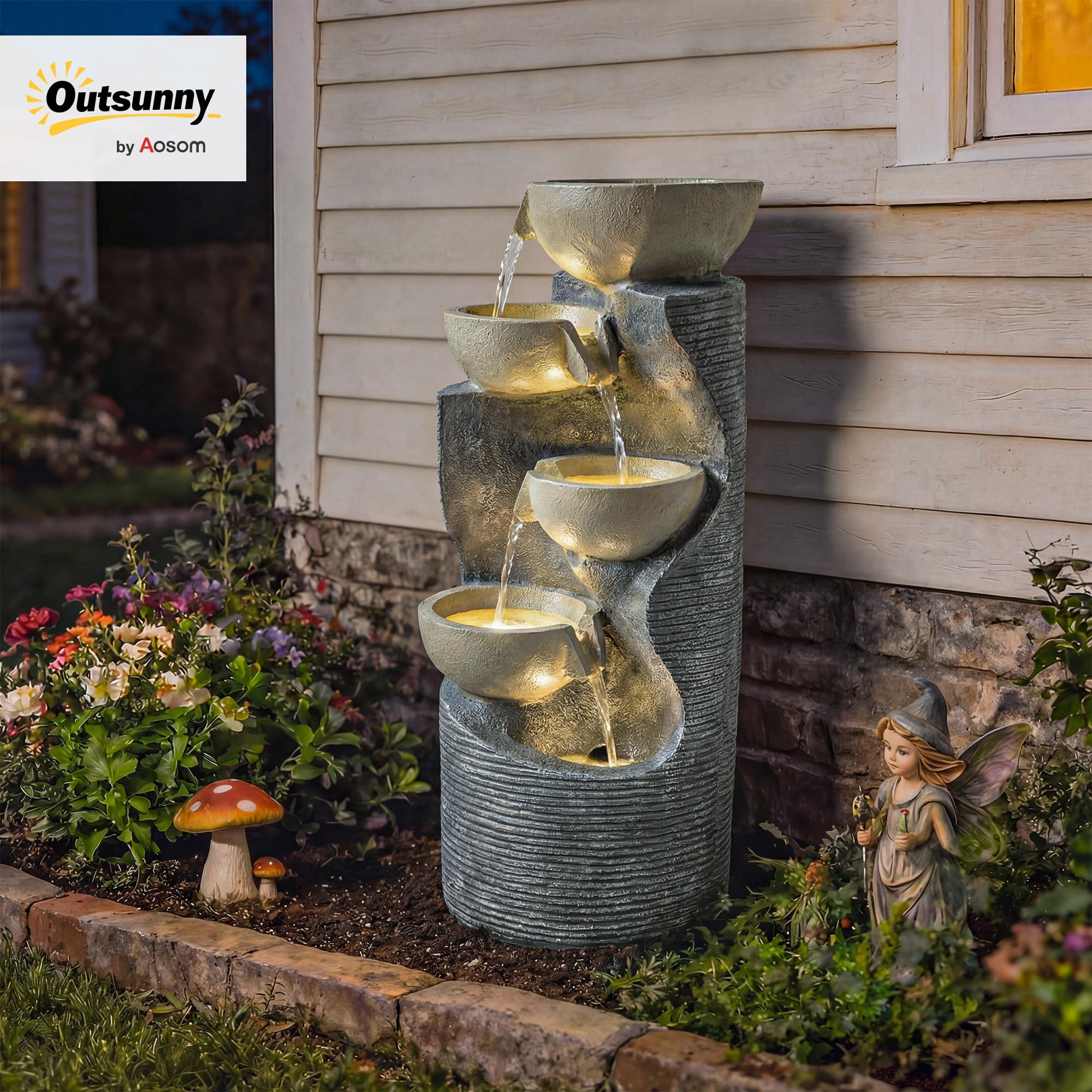 Outsunny Fontaine à Saut Fontaine de Jardin à 5 Niveaux avec Pompe D'éclairage LED Aspect Pierre, Fontaine D'intérieur Réglable Jeu D'eau Fontaine Décorative pour Jardin Terrasse 33 x 31 x 80 cm