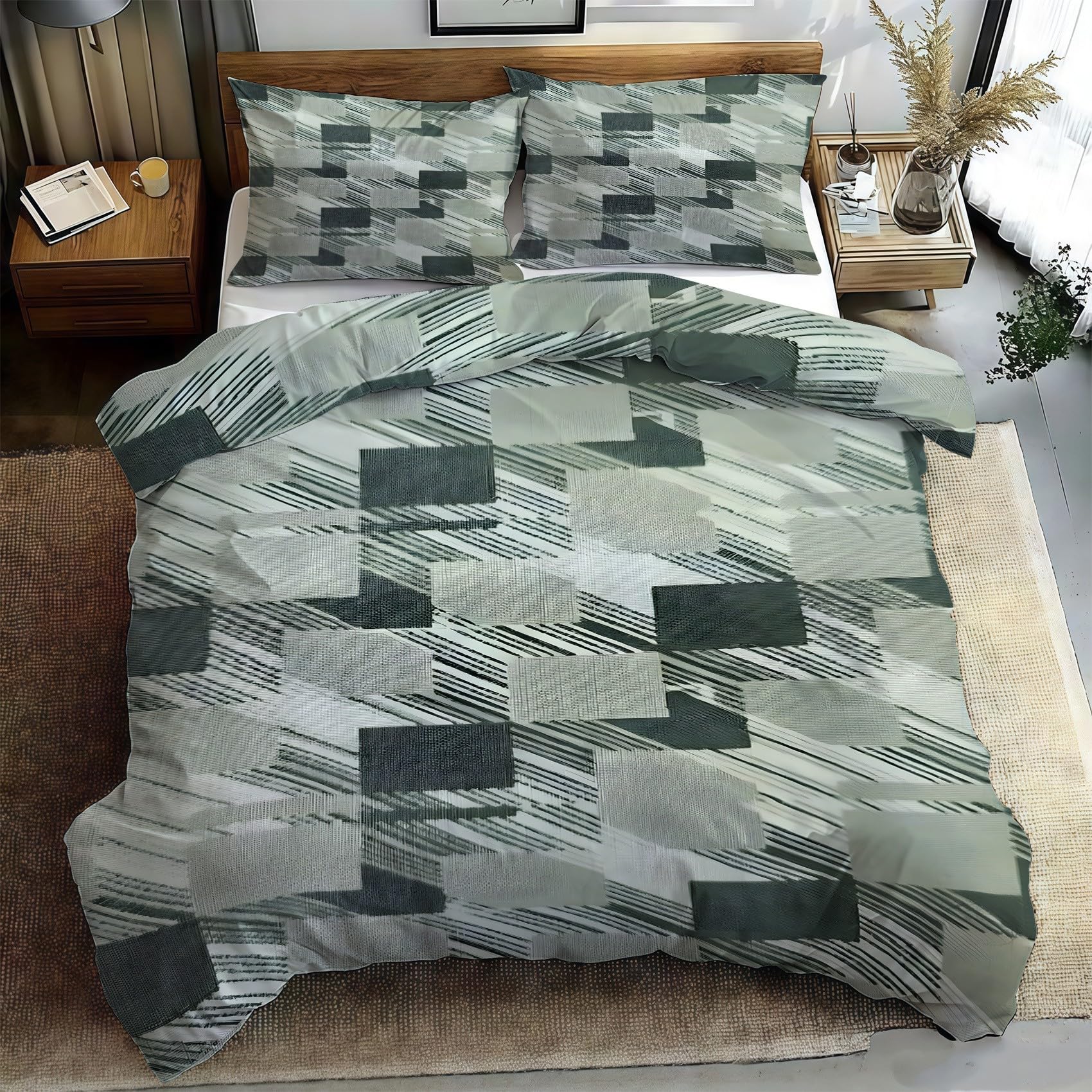 Copripiumino Matrimoniale 240x220 Quadrati geometrici Linee diagonali moderne Biancheria da Letto Morbido Microfibra Copri Piumone e 2 Federe Abbinate, con Zip PA2315