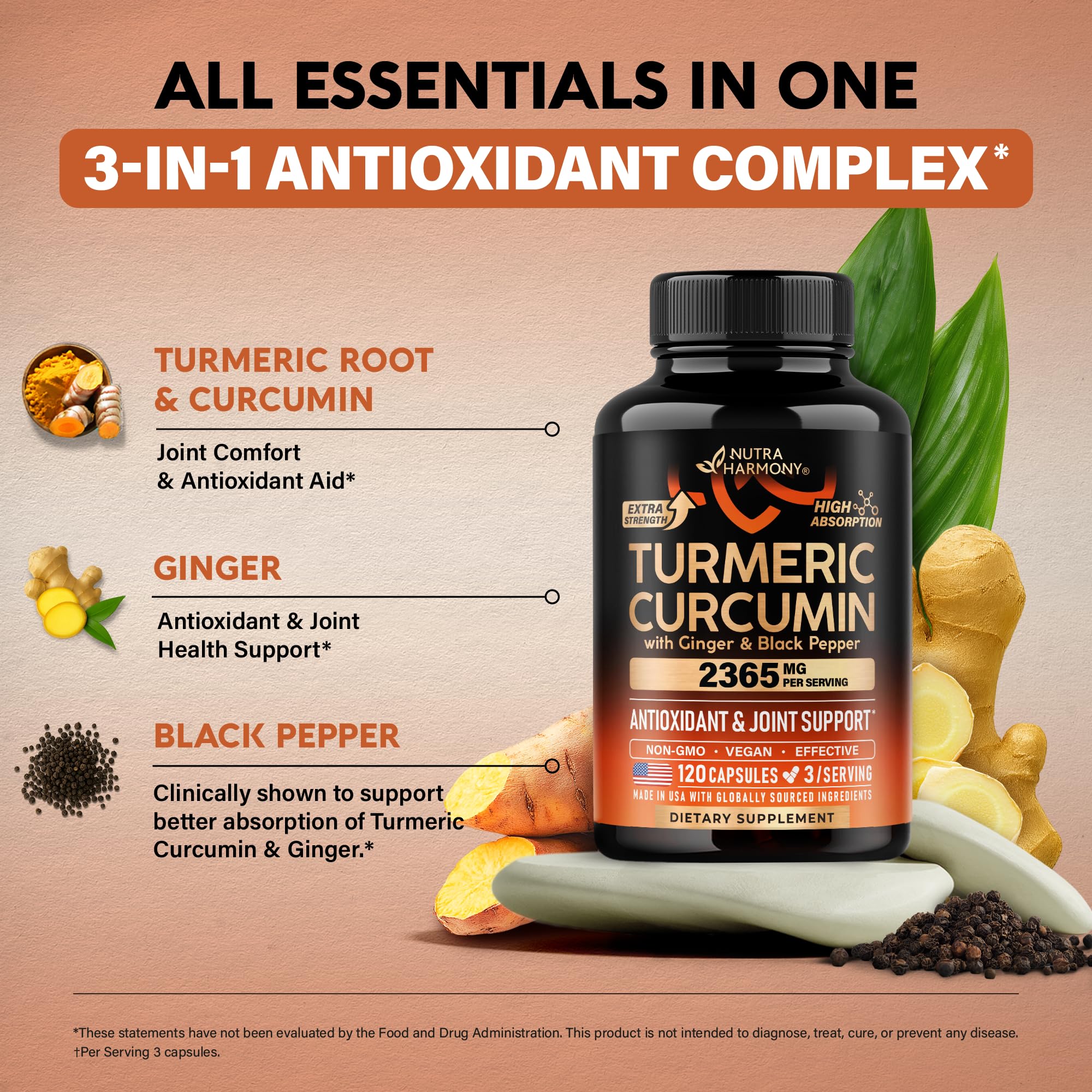 Turmeric Curcumin Supplement 2365mg - with Ginger & Black Pepper - 120 Caps — Amazon image 4