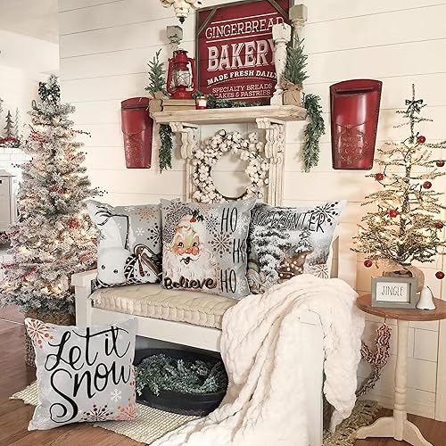 Miniatura 2 de Juego de 4 fundas de almohada de Navidad de 18 x 18 pulgadas, diseño de copos de nieve, gnomos de árbol de Navidad, rústico, para invierno,