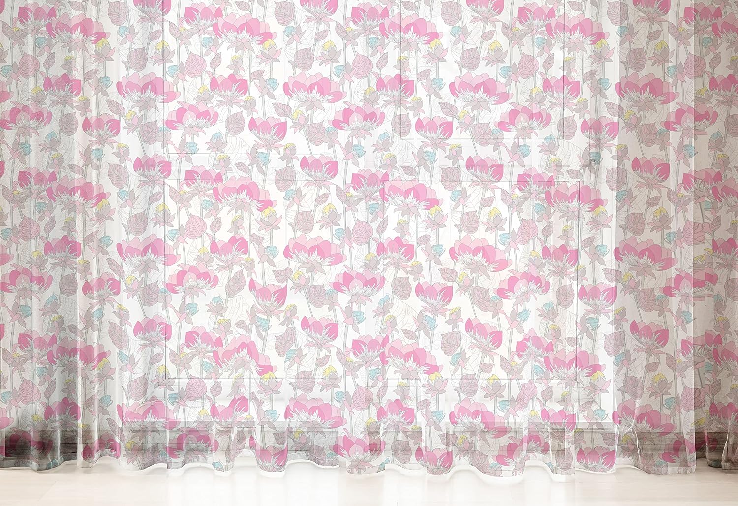 Lunarable Botanical Tulle Curtains with Rod Pocket, Bird Cages Valentines Love Garden Themed Flowers Leaf Romantic Design, Sheer Drape for Wedding Party 2 Panels, 108" x 63", Dark Coral Violet Blue