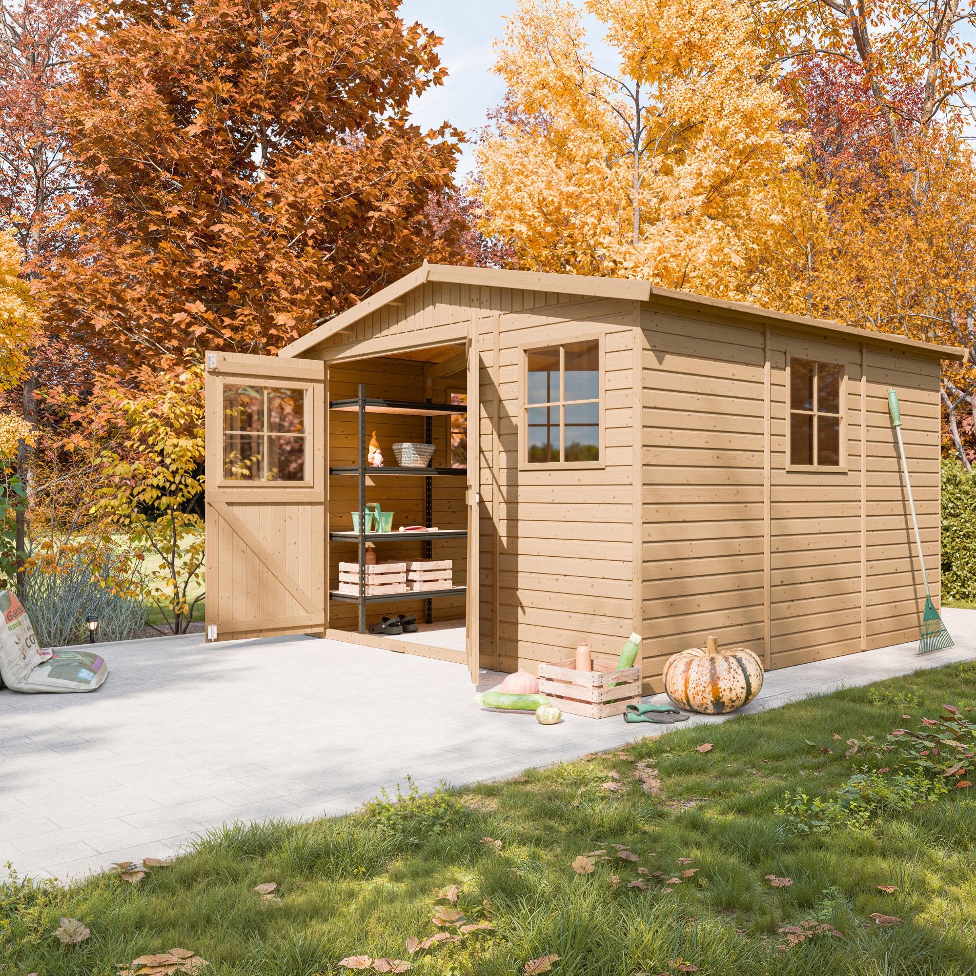 Cobertizo de Madera para jardín - A226x324x316cm/9m2 Cobertizo de Madera Natural - Taller de Jardín - Bicicleta, Almacenamiento de Herramientas TIMBELA M335