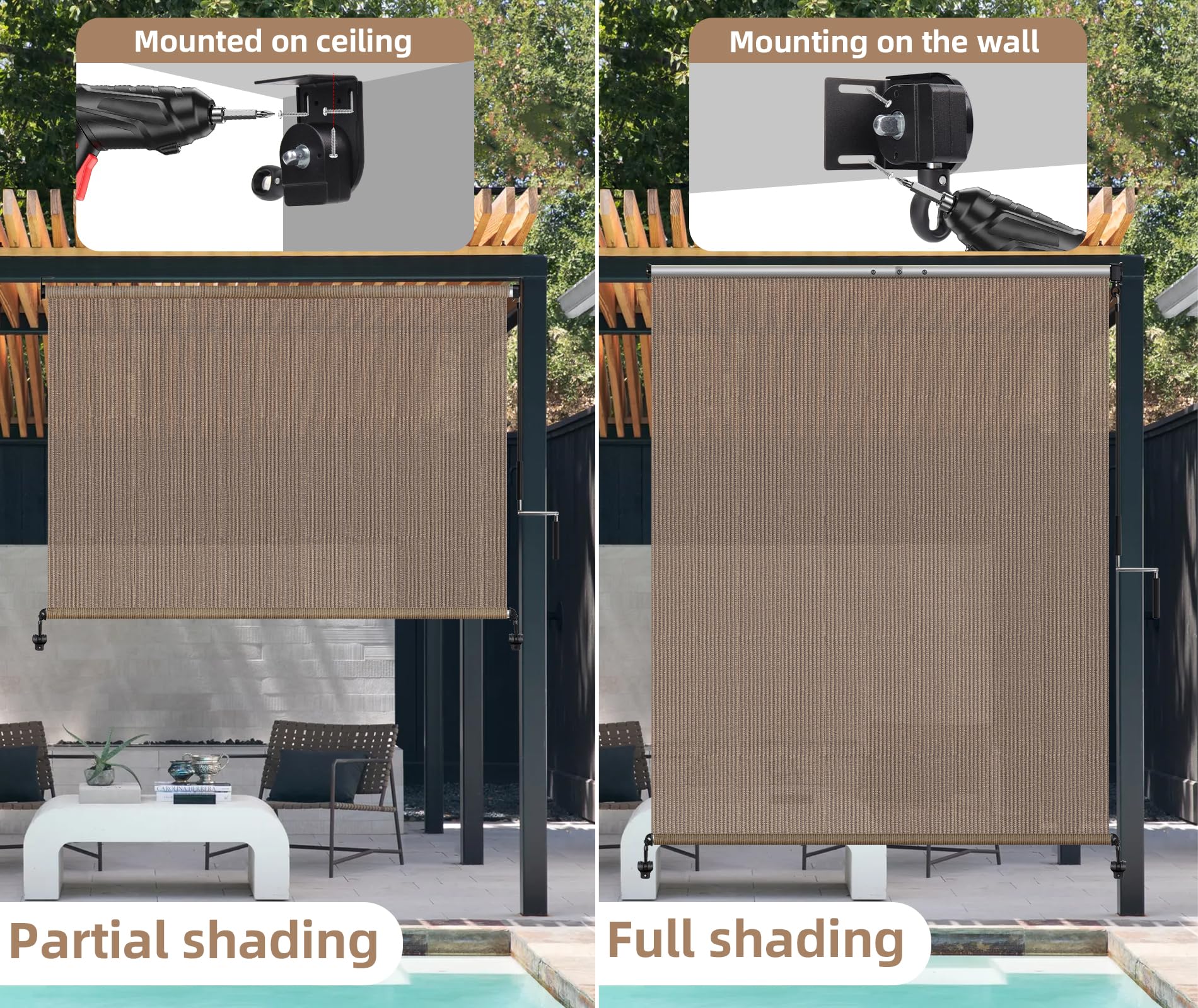 NOVINO Outdoor Roller Shades,Exterior Cordless Patio Shade Roll Up Blind for Por — product photo