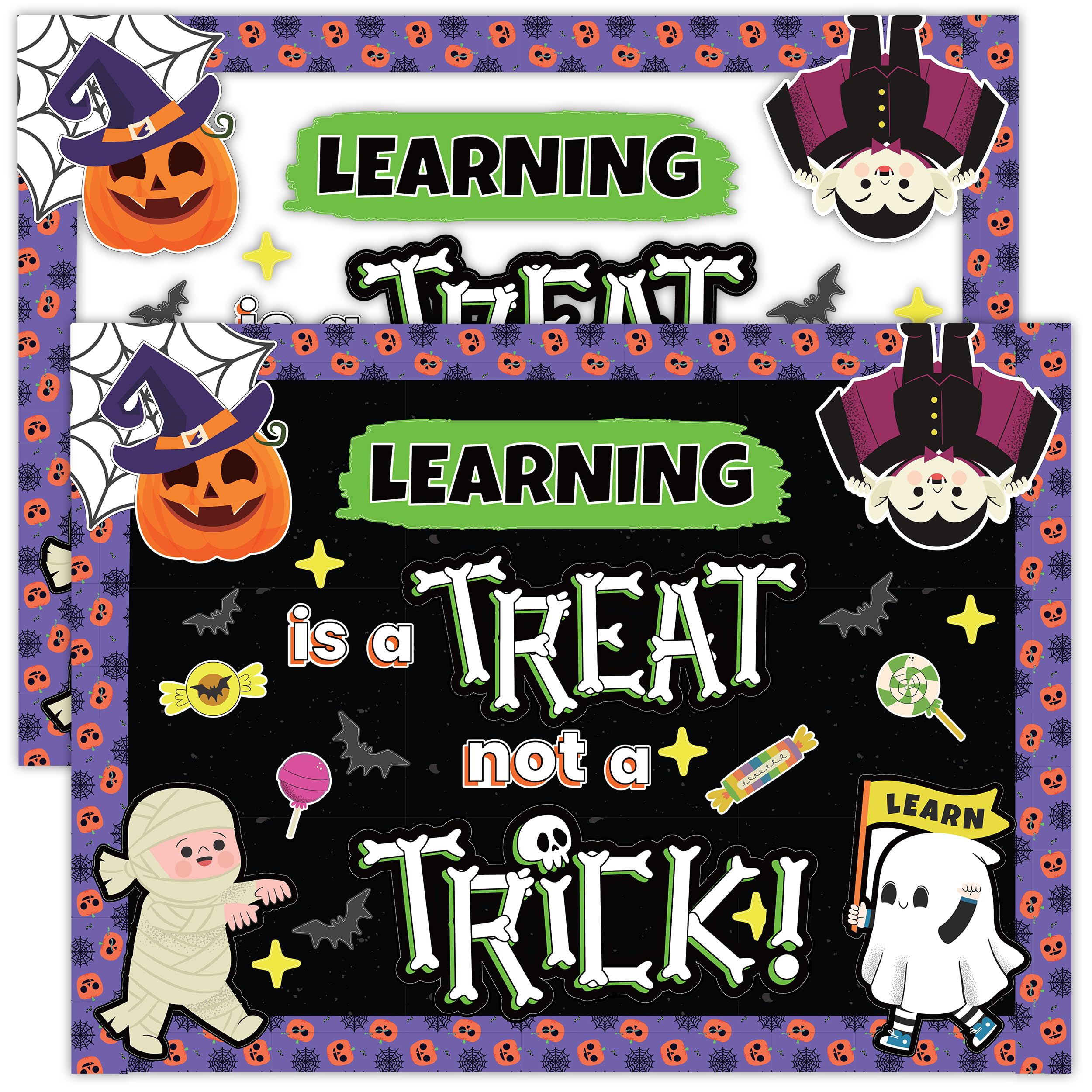 Decorably 70 Pcs Cutouts Halloween Bulletin Board Decorations for School Set with Background Papers & Borders - Gloss-Laminated Cardstock for