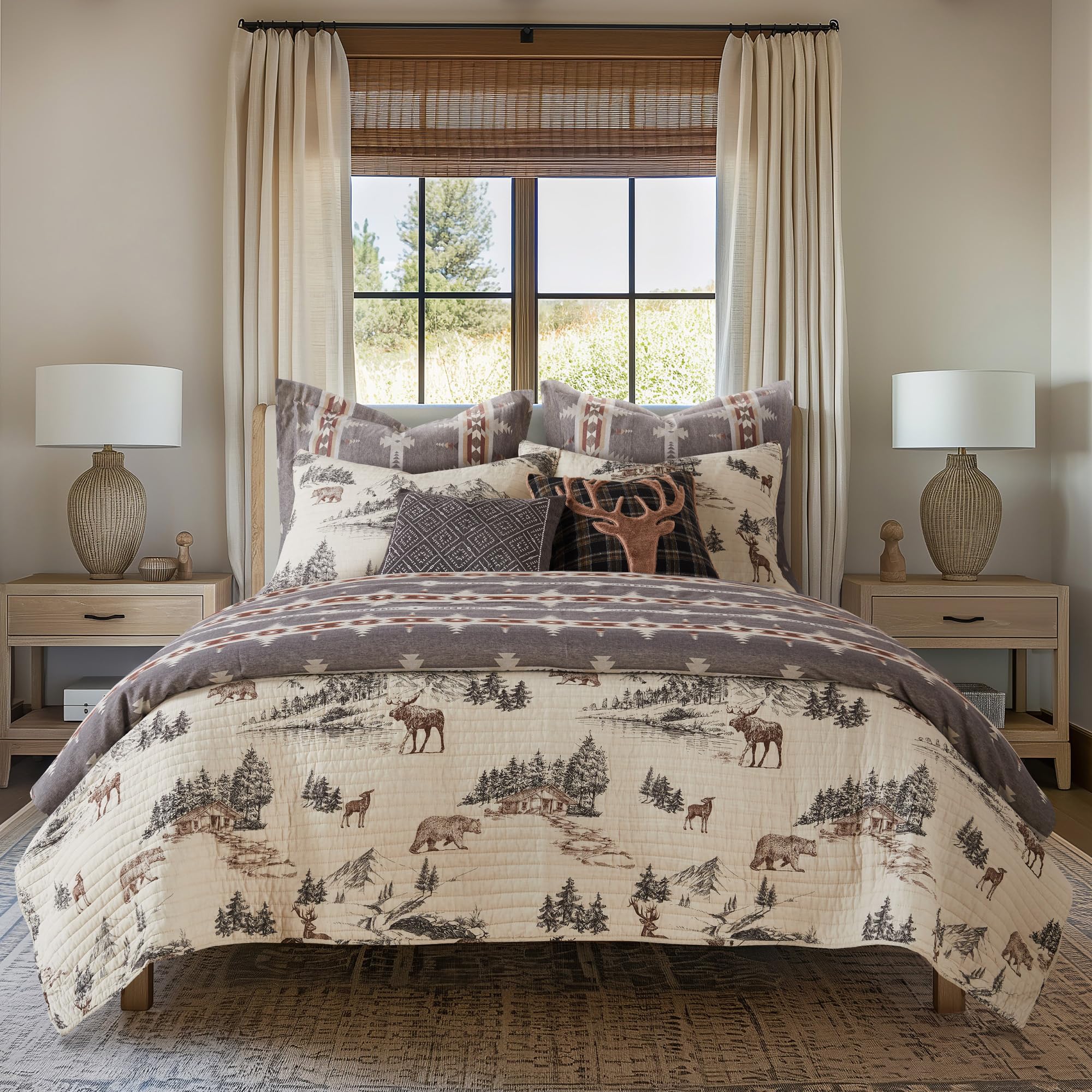 Levtex Home Zestaw kołder Lodge Toile - Kołdra pełna/Queen i dwie standardowe poszewki - Mountain Lodge - brązowy kremowy węgiel drzewny - kołdra (223 x 233 cm) i poszewki (50 x 66 cm) - dwustronna