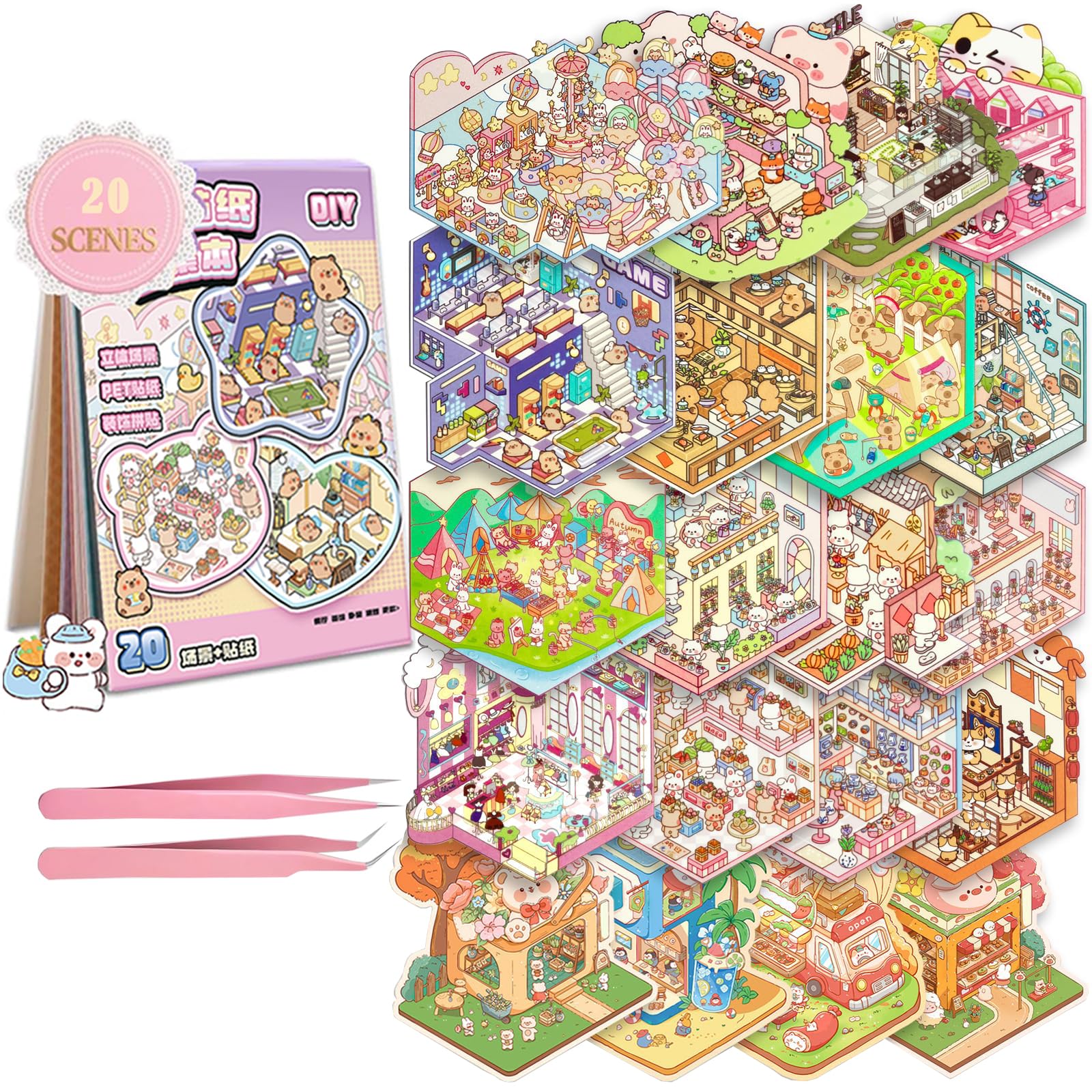 Scene Sticker Book for Kids, 20 Sets of 3D Sticker Scenes for Adults Fun Cute Kawaii Stickers 3D Miniature Scene Therapy, 3D House Stickers Kit Relief Stress Pass The Time, Holiday & Christmas Fun