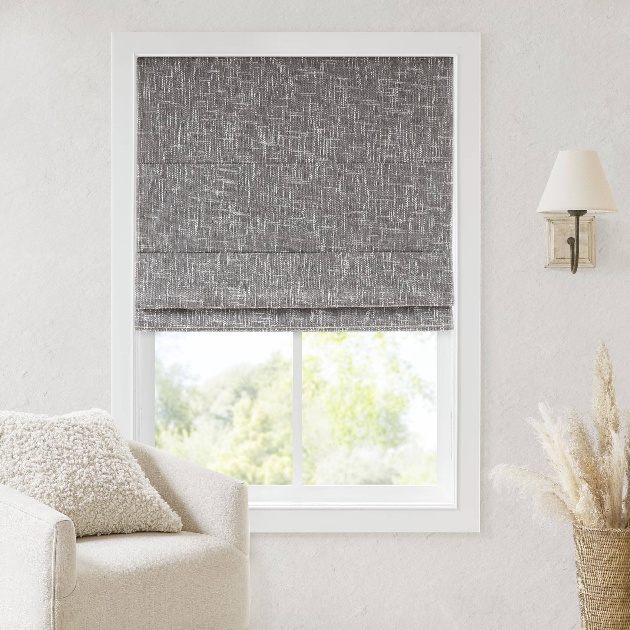 madison park cordless roman shades, total blackout window blind privacy window shades, thermal insulated cordless window treatment for bedroom, living room, quincy, single panel 31" w x 64" h grey