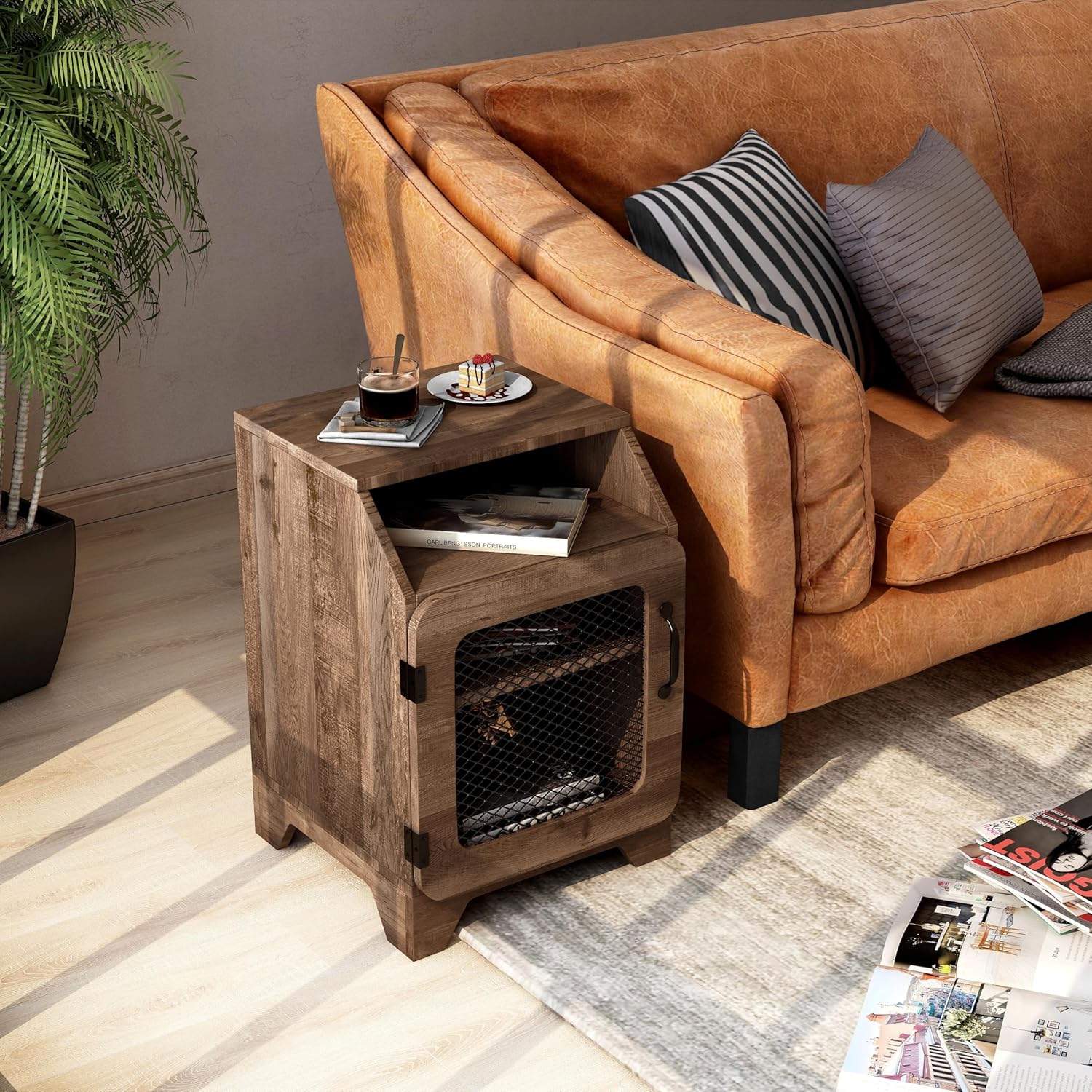 24/7 Shop at Home Ellis Farmhouse Storage Wood 16 in. End Table with Adjustable Shelf for Living Room, Bedroom, Home Office, Oak Brown