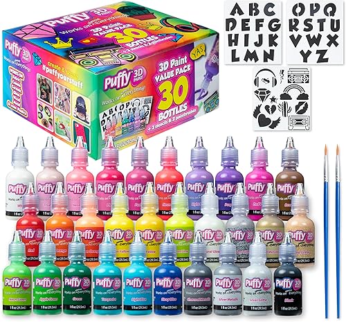 Puffy Bulk Buy Paint - Juego de 30 pinturas 3D no tóxicas de alta calidad. Seguro para niños, ideal para proyectos escolares, permanente en tela,