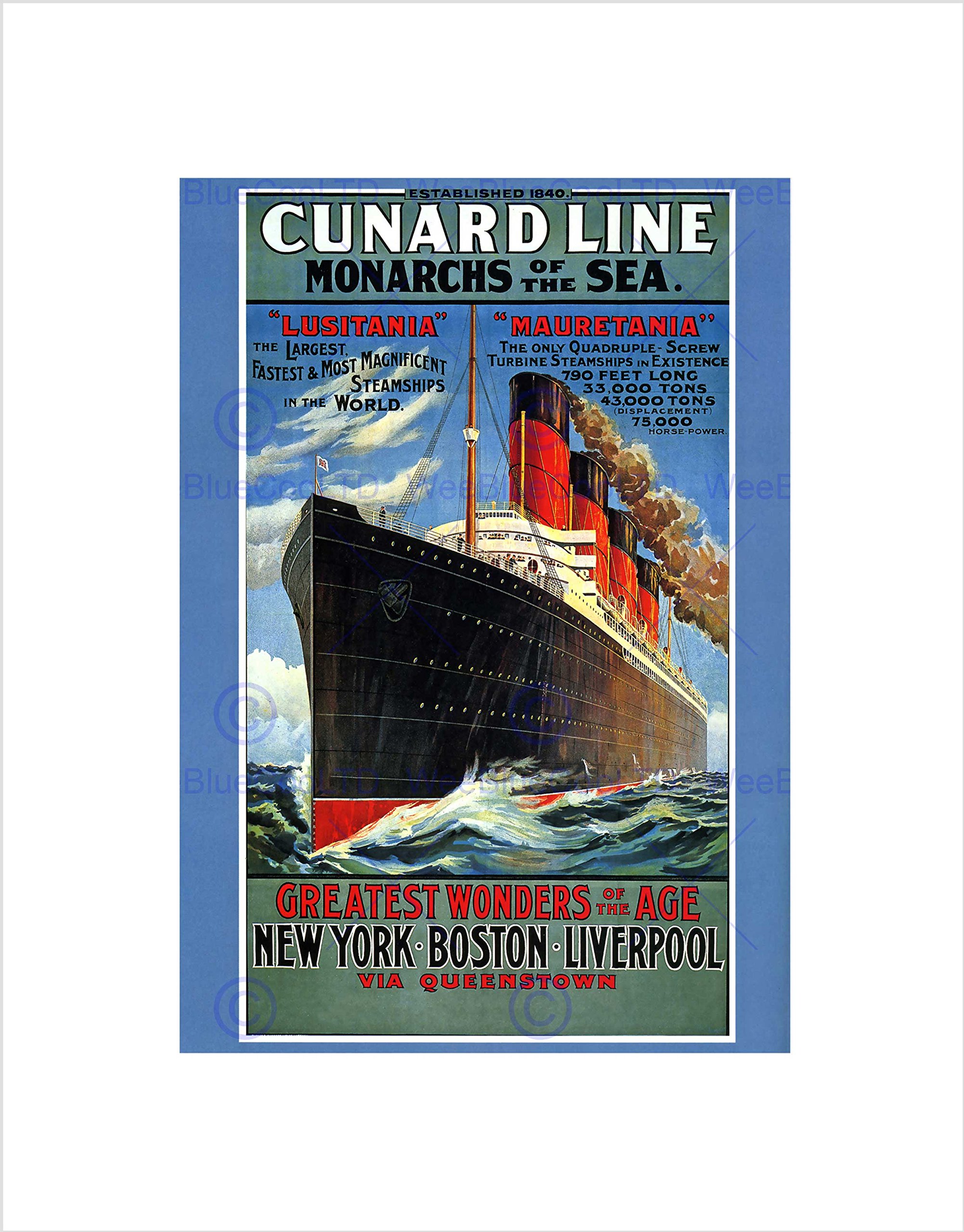 Wee Blue Coo Travel Lusitania Mauretania Cruise Liner Ship Boat Funnel Art Wall Art Print