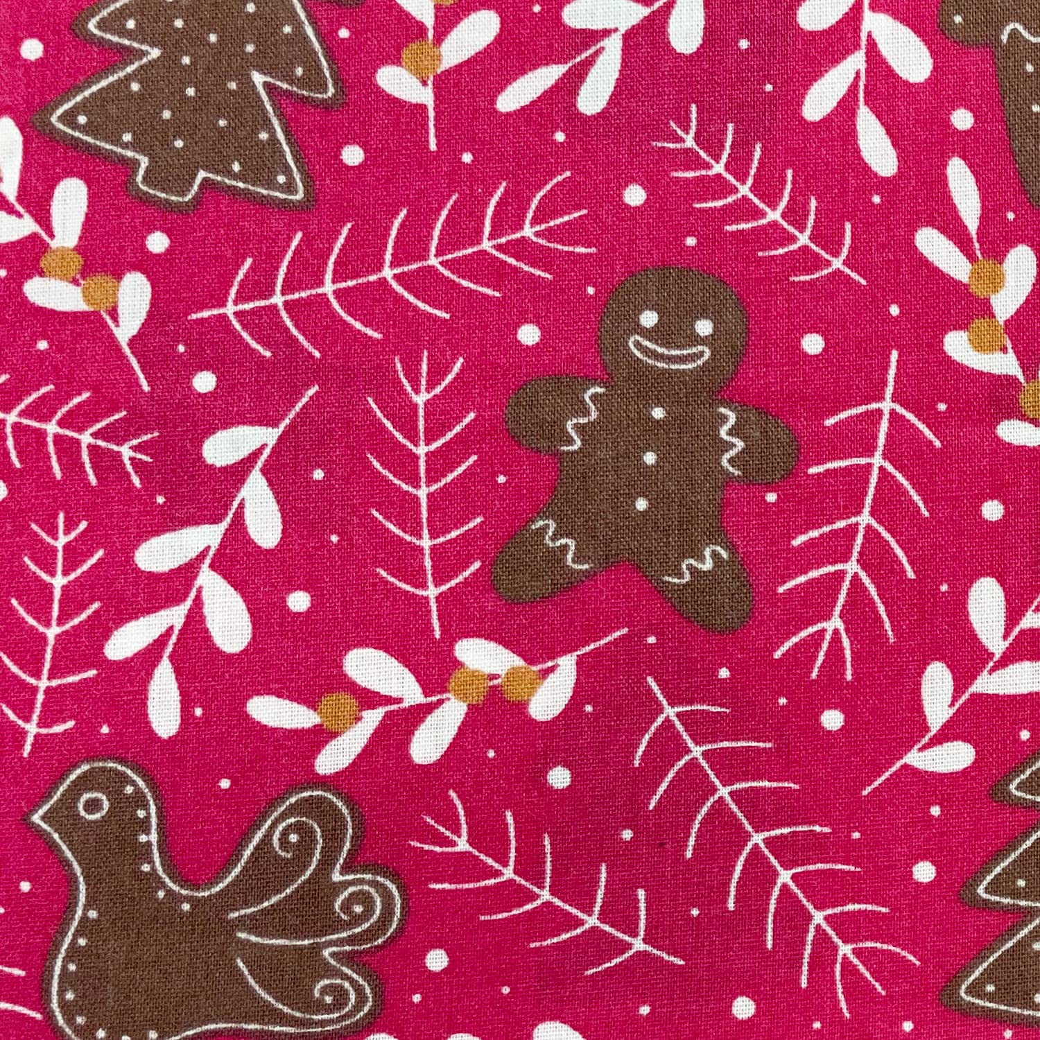 Christmas Fabric - Gingerbread Men House Tree Star on Pink - Polycotton Xmas Craft Fabric Material Metre