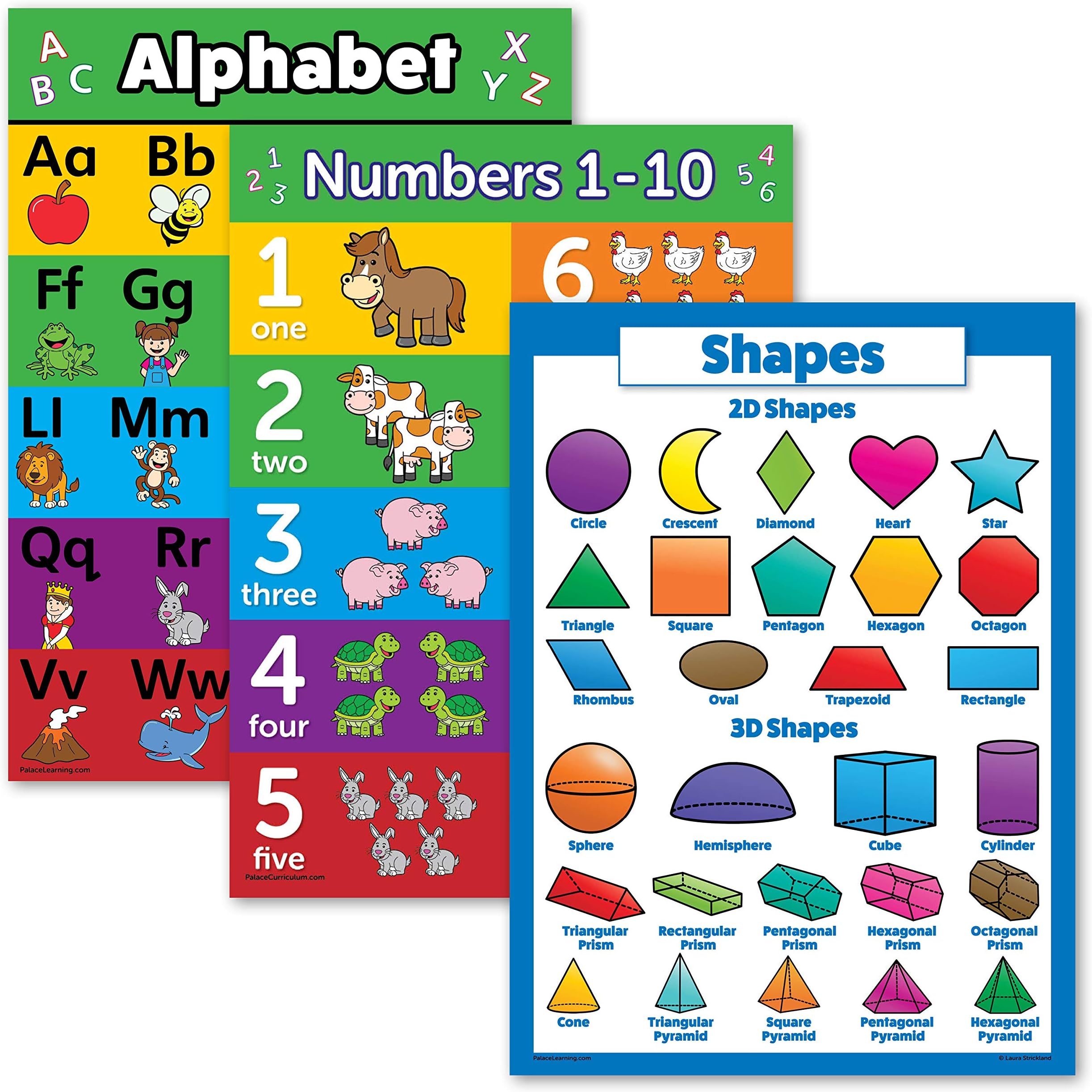 3 Pack - ABC Alphabet + Numbers 1-10 + 3D Shapes Poster Set - Toddler Educational Charts (LAMINATED, 18" x 24")