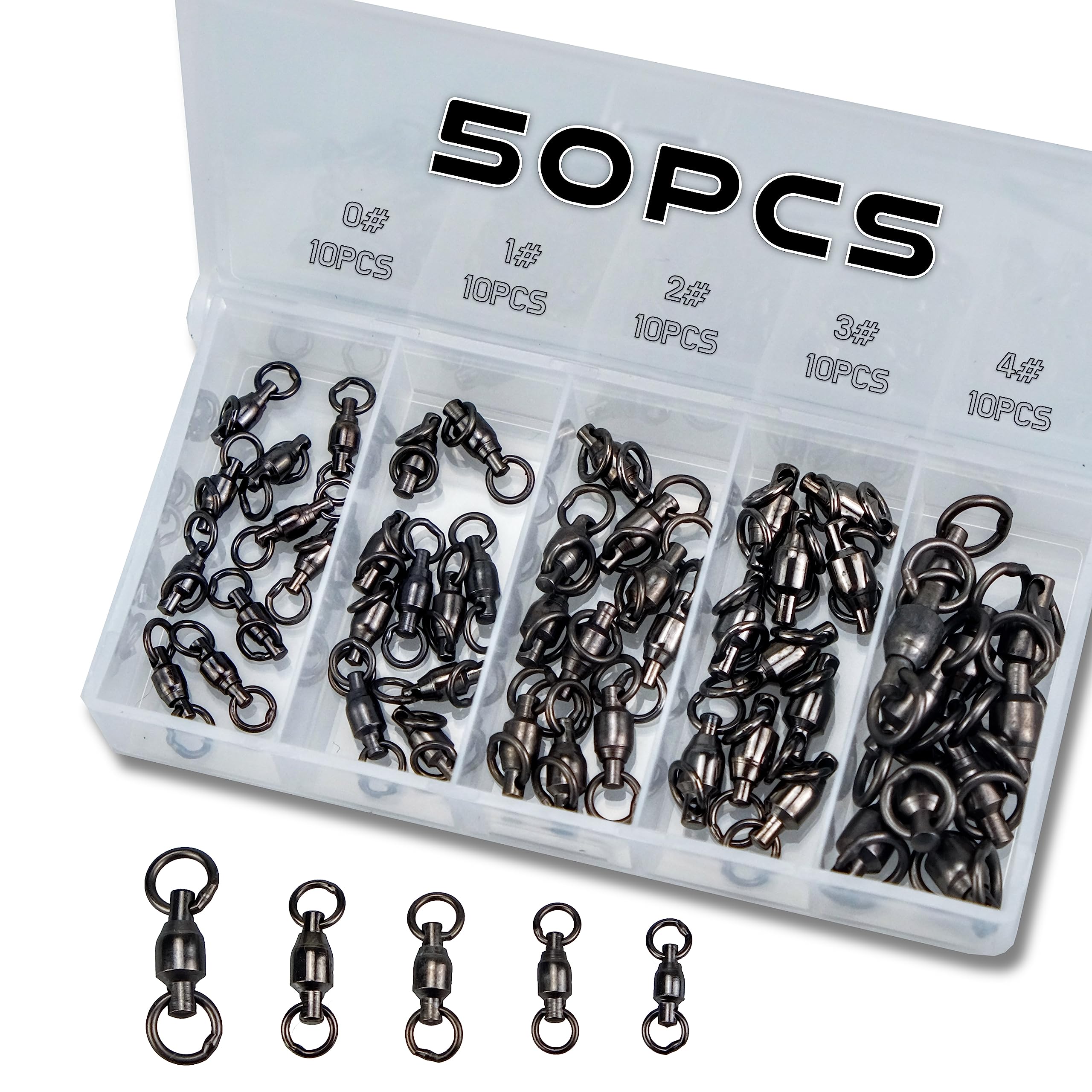 Piscorush 50pcs Ball Bearing Swivels Set Copper Swivels Barrel Swivels Stainless Split Ring High Strength Saltwater Fishing Swivels Hooks Connectors (#0#1#2#3#4
