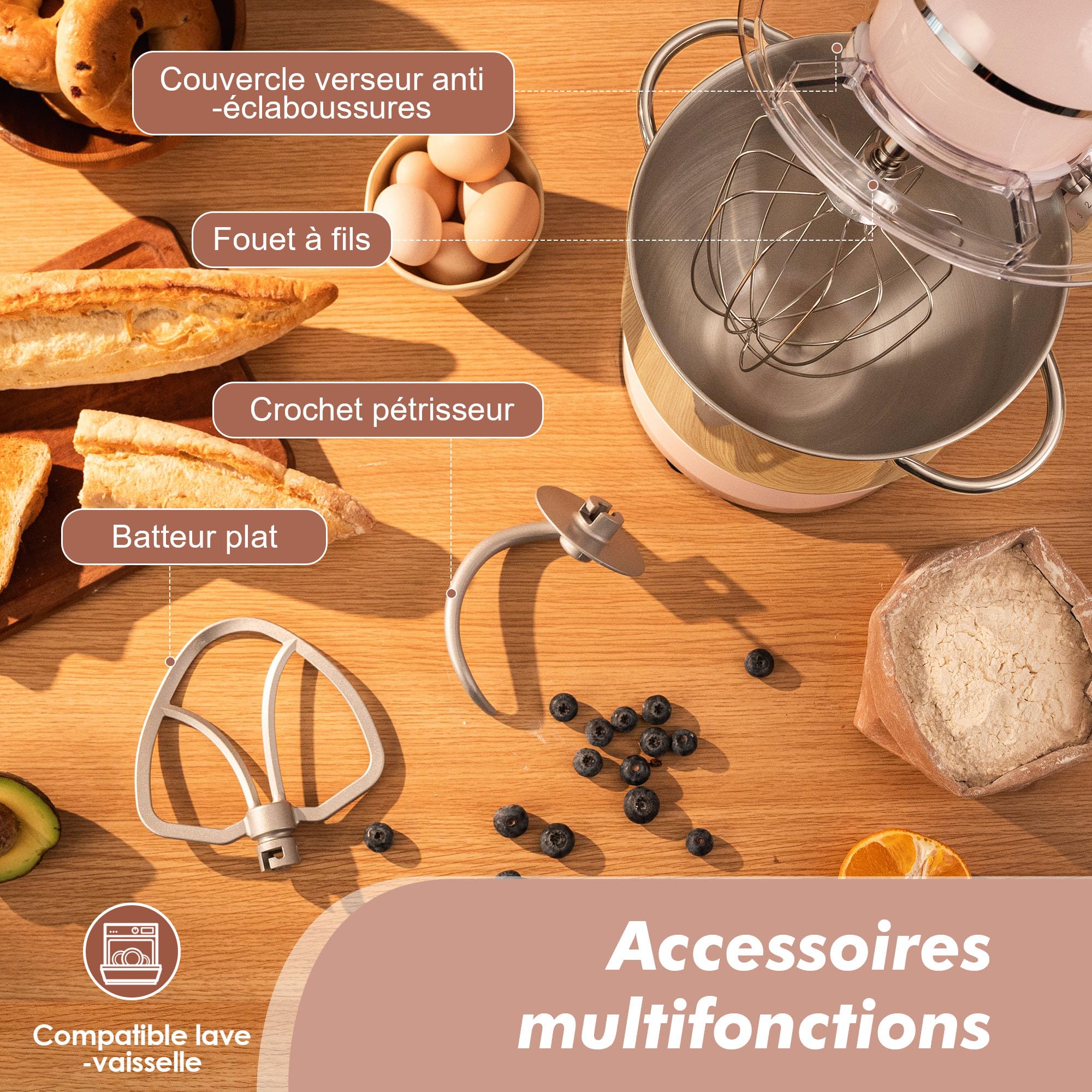 Fab by Kitchen in the box Robot Pâtissier 8L Grande Capacité, Batteur sur Socle 2000W, Pétrin Professionnel avec Fouet, Batteur Plat, Crochet Pétrisseur, 10 Vitesses + Pulse, Bol Inox