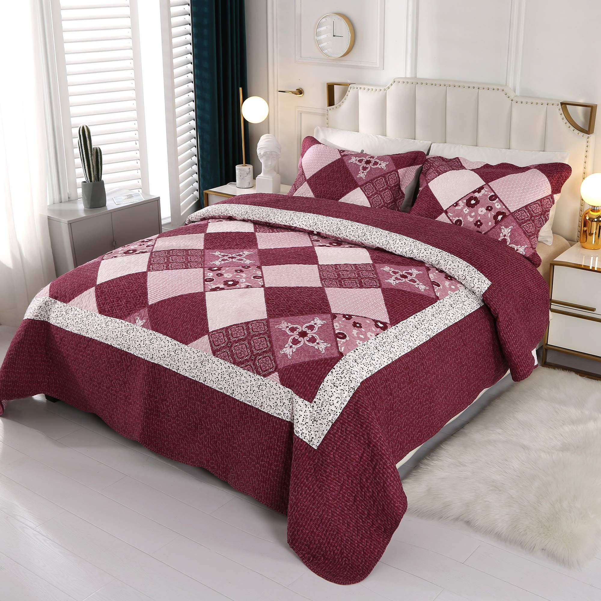 Patchwork Quilted Bedspread Coverlet Set Queen Size 3Piece Quilt Set