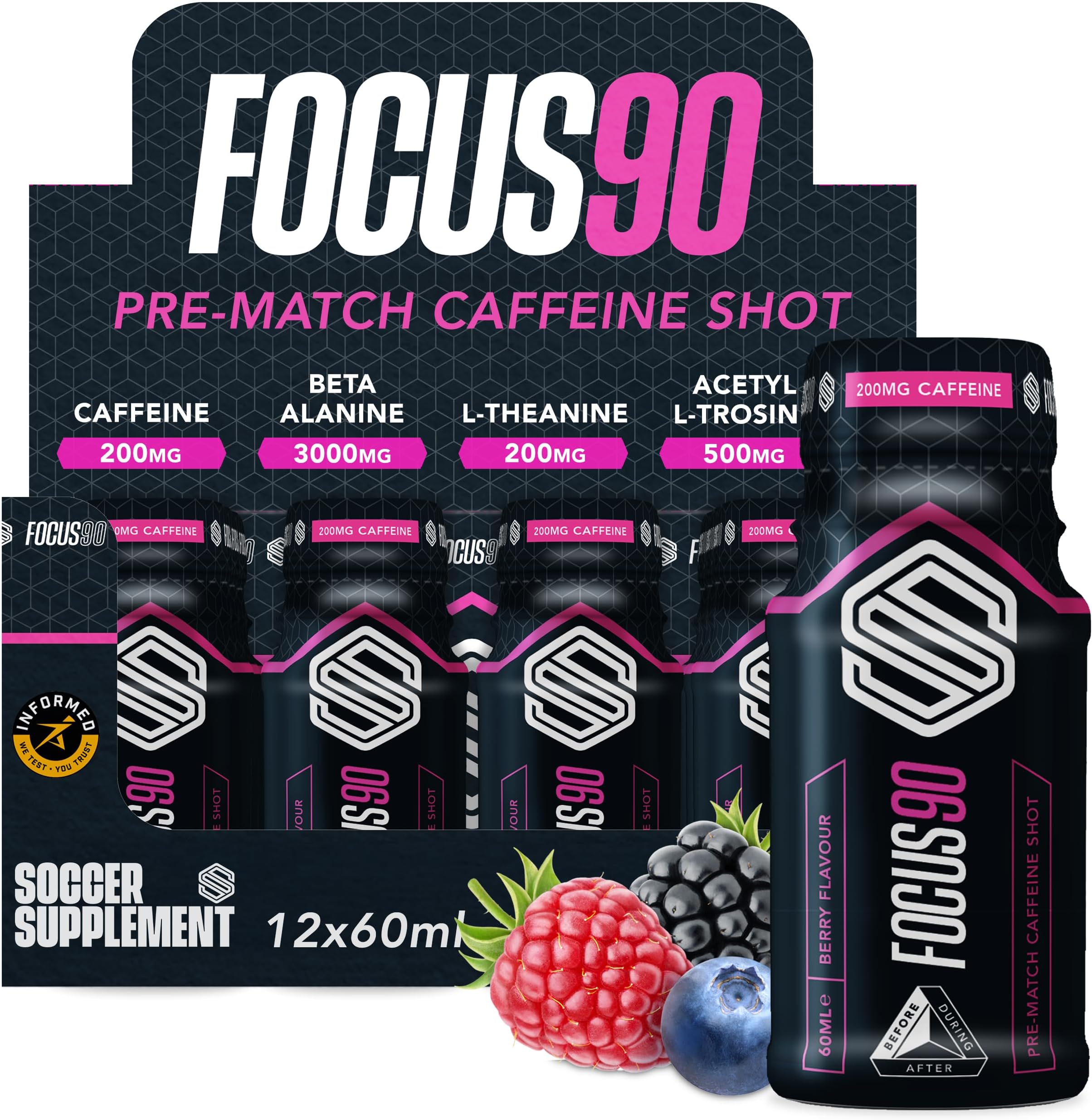 FOCUS90 Caffeine Shot - by Soccer Supplement - 200mg Caffeine, 60ml Pre Workout Shot, Great Tasting Berry Flavour, Informed Sport Tested