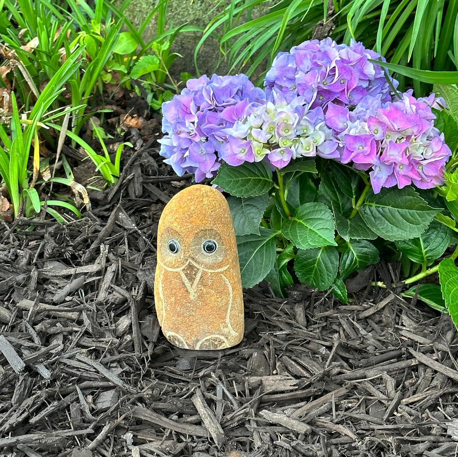Natural Granite, Hand-Carved Boulder Stone Owl 6" H