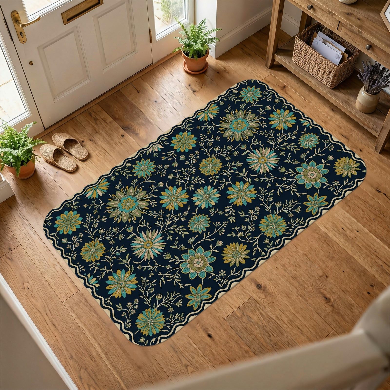 Tapis de sol floral traditionnel avec tige de feuille printanière