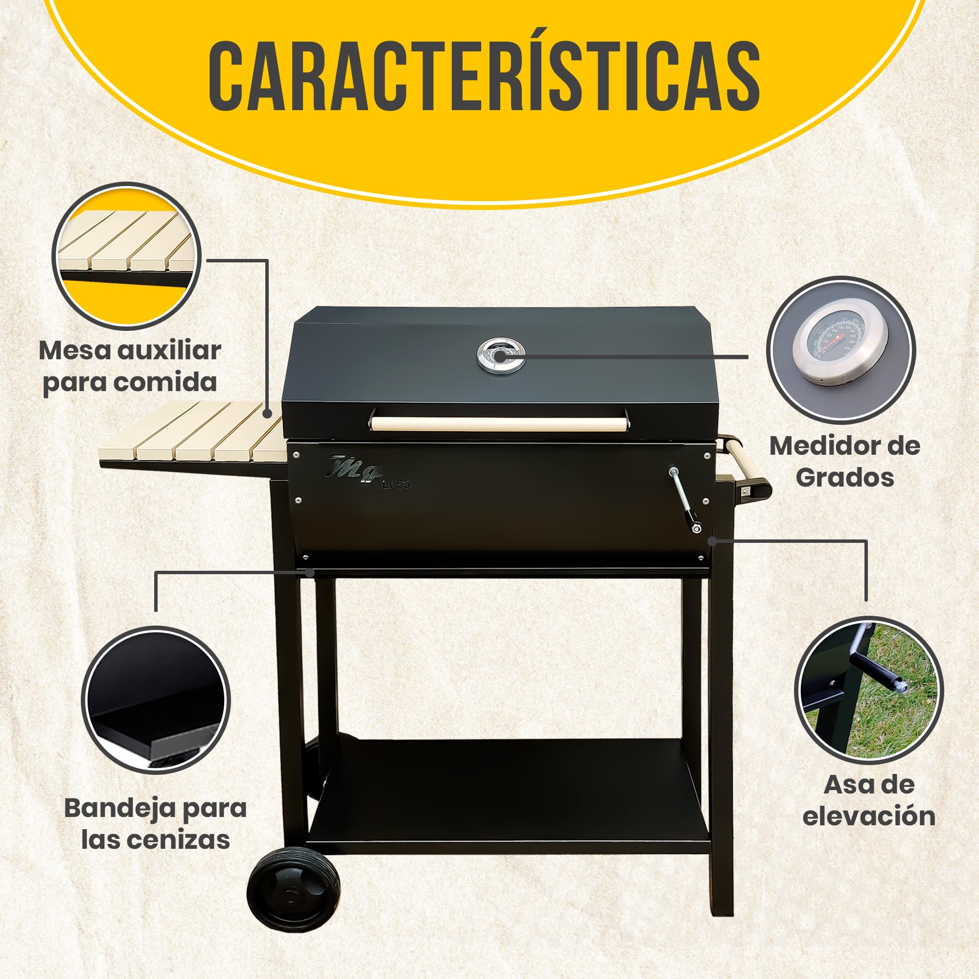 MG- Barbacoa Carbon, bbq, Asador con Tapa para Ahumar o Asar, Barbacoas de carbon y leña con Parrilla Elevable de acero inoxidable, Prepara Carnes, Pescados y Verduras a la Parrilla o al Horno.