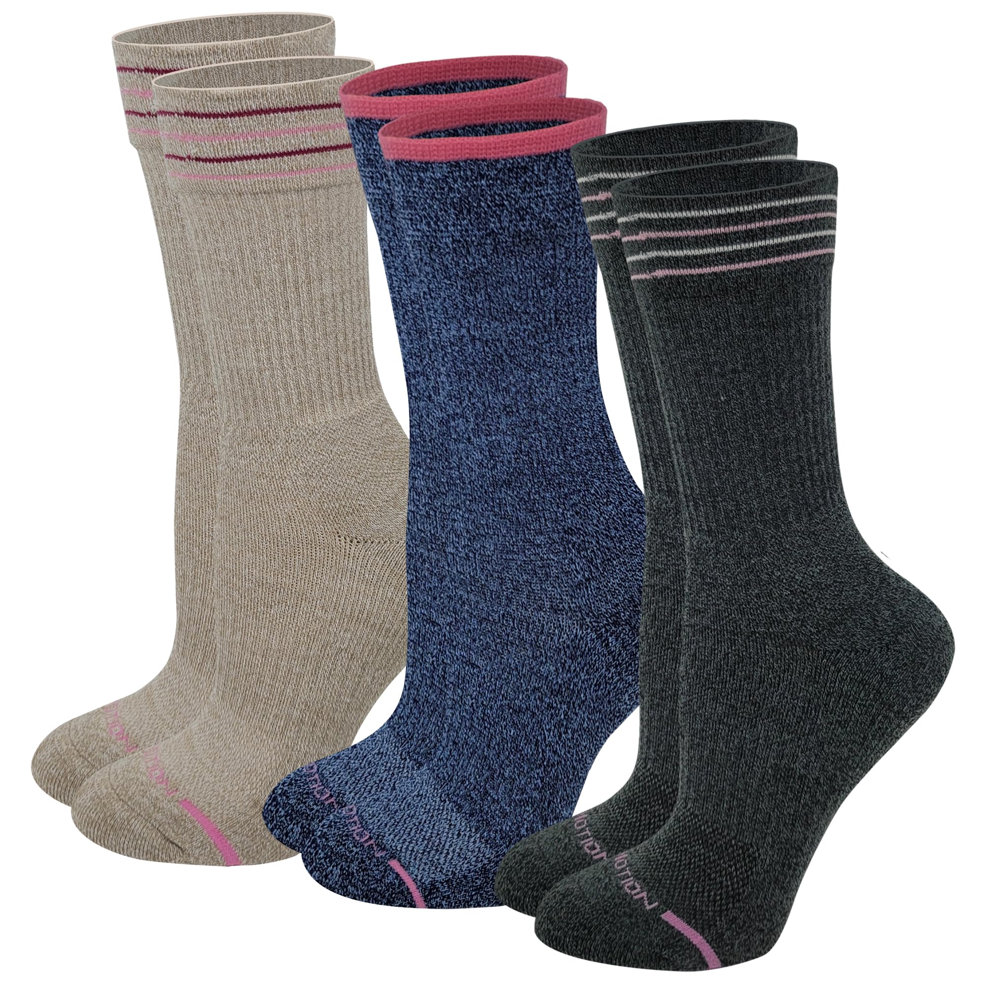 Dr. Motion Compression Crew Socks For Women Outdoor Hiking Walking With Enhanced Cushion And Breathable Arch Support 3 Pairs (Assorted B)