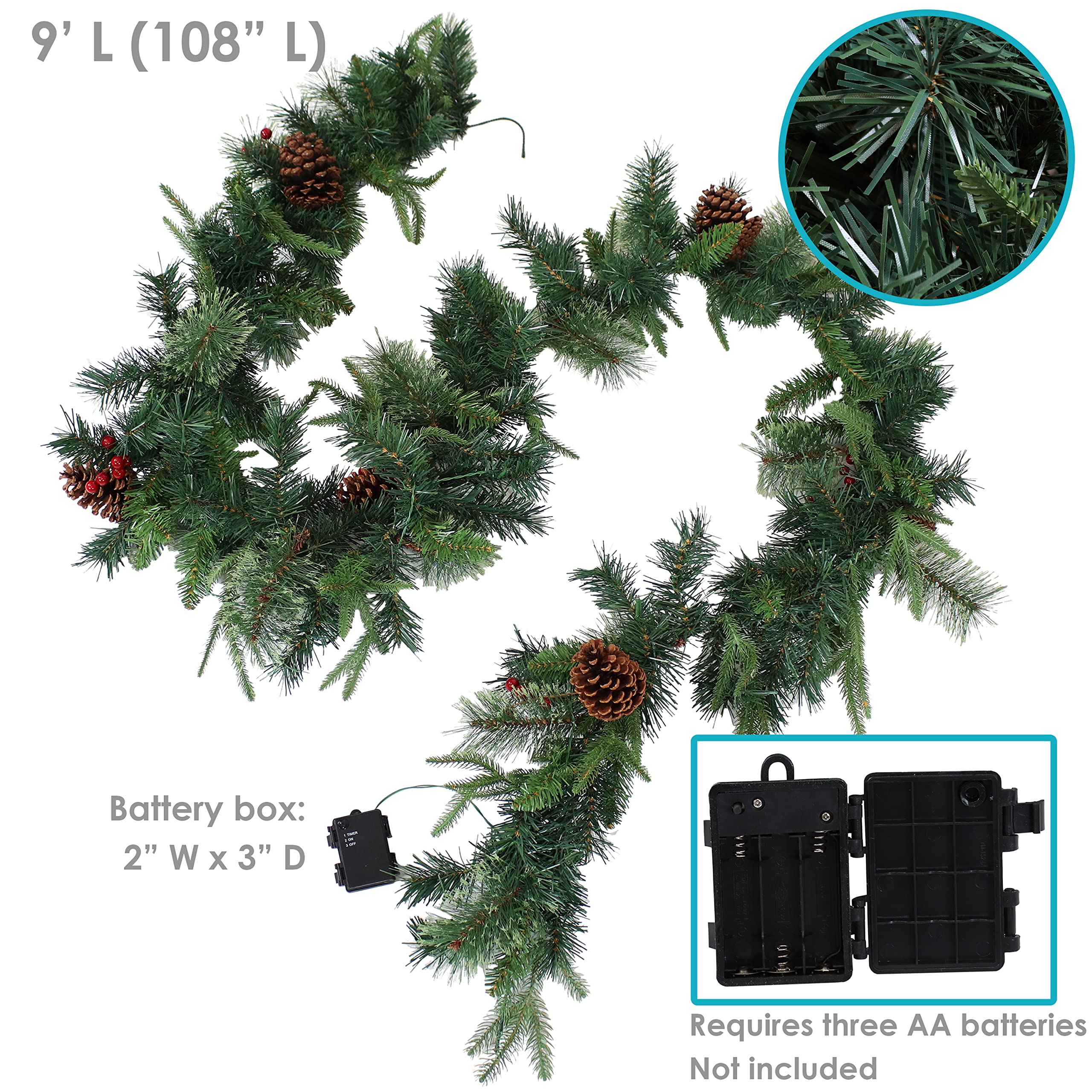 Sunnydaze 9-Foot Pre-Lit Artificial Mixed Fir Christmas Garland - 50 Battery-Operated Warm White LED Lights