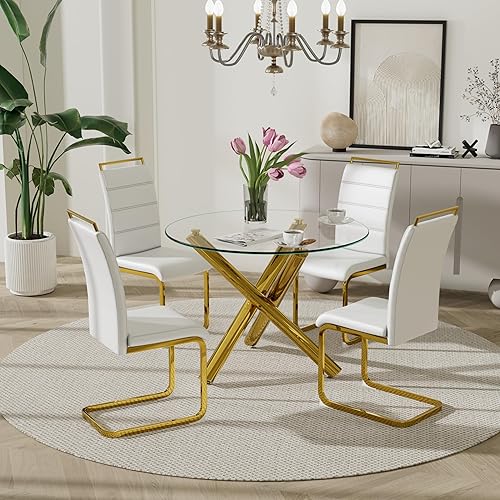 Miniatura 7 de Baysitone Juego de 4 sillas de comedor modernas, de piel sintética sintética, con respaldo alto, tapizadas, con diseño de respaldo a rayas