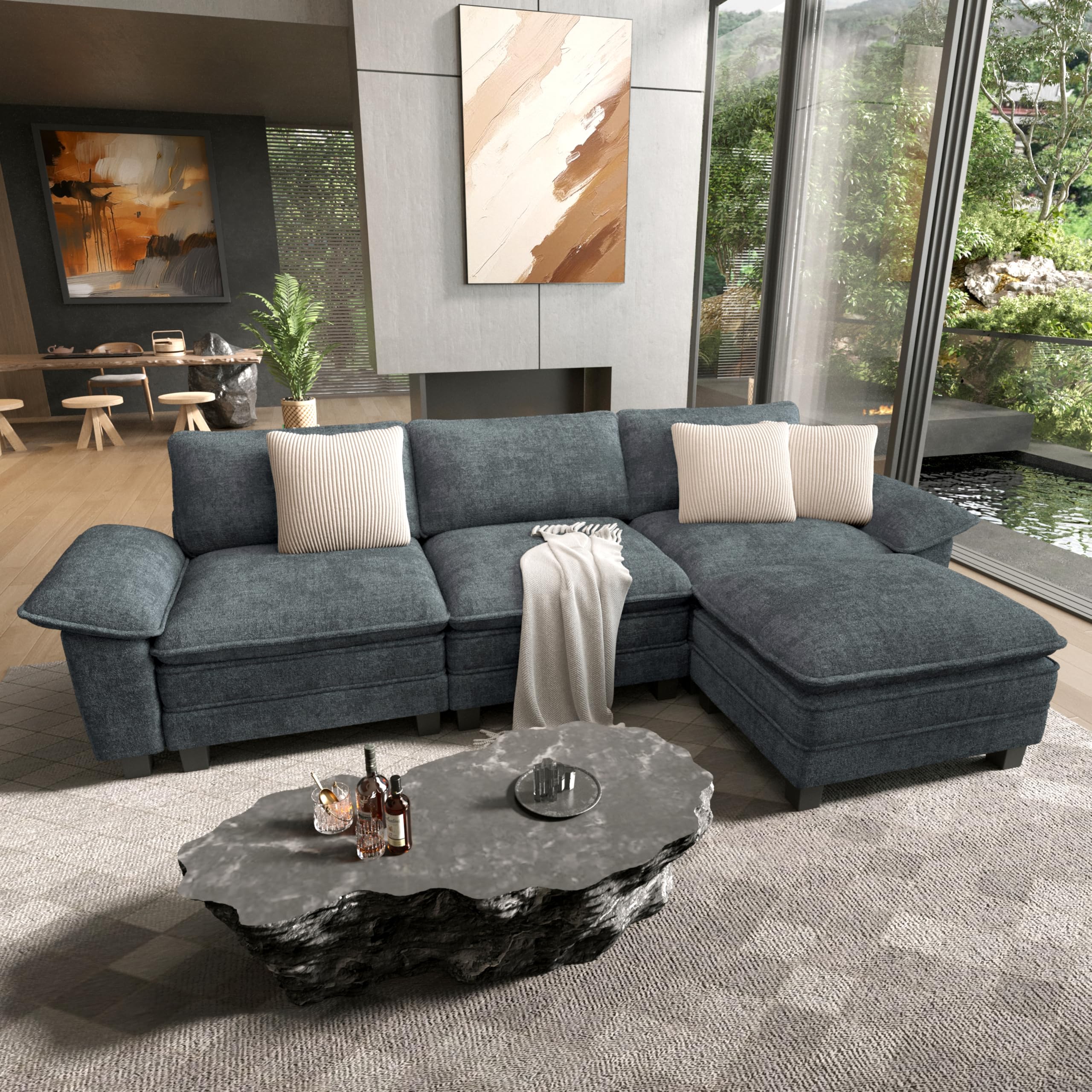 HERA'S HOUSE 124" Modular Sectional Sofa, Oversized L Shaped Couches for Living Room, Comfy Cloud Couch with Ottoman, 4-Seater Deep Seat Sofa with