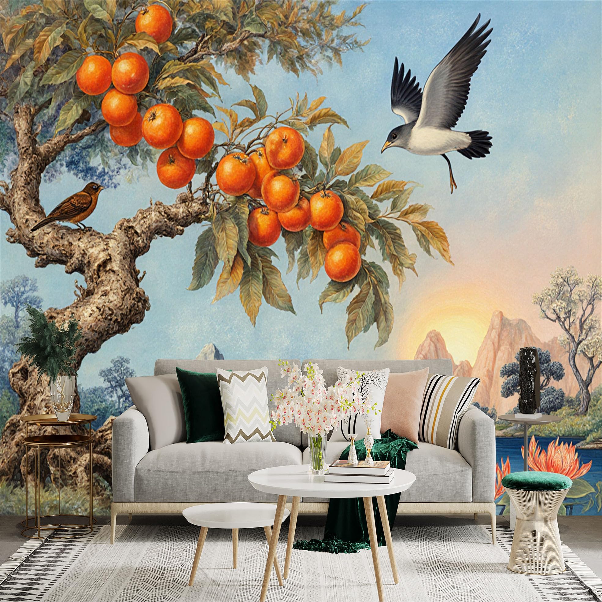 Custom Size Wall Sticker Mural， Orange Tree with Birds， Serene Coastal Landscape， Sunset Over Mountain， for wall Decoration， peelandstick wall Decals.