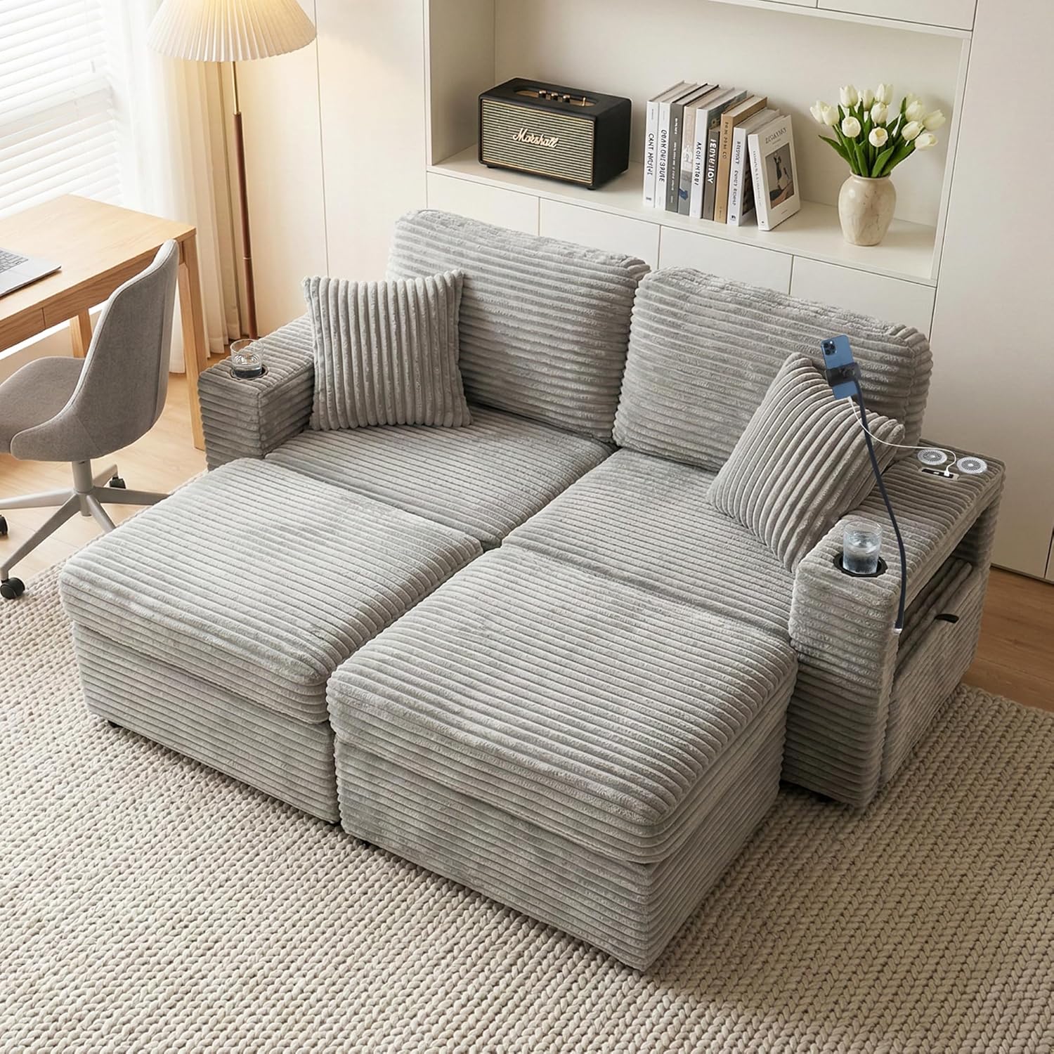 Double Chaise Lounge Chair Indoor, Oversized Chair with Storage Ottoman, Loveseat Sofa with Ottoman, Storage, USB Charging, Cup Holders, Phone Stand, LED (Corduroy, Grey)
