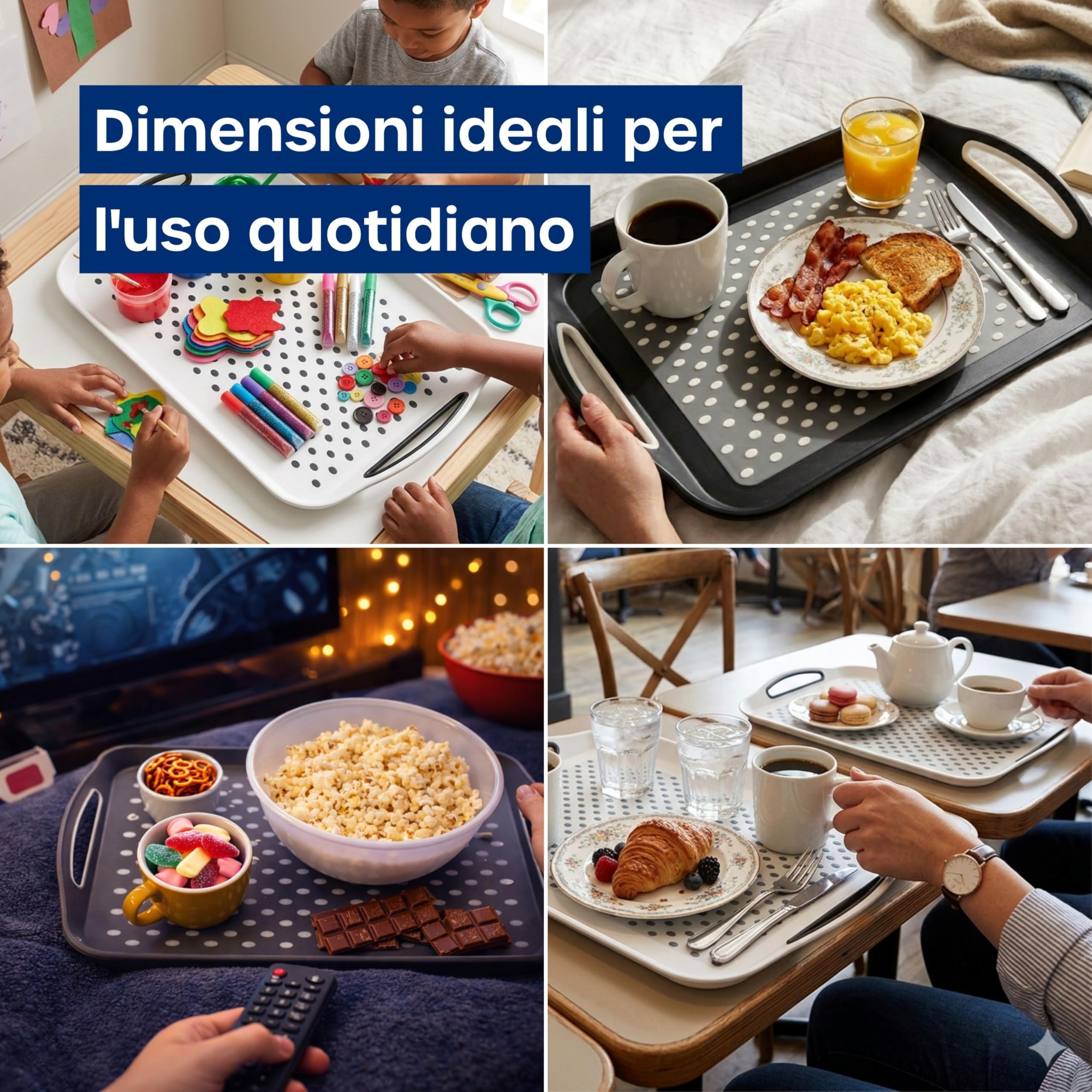 Volila Vassoio Antiscivolo (4 pezzi, 41 x 29 x 4,5 cm) - Vassoio da Servizio Bianco e Nero con Manico - Per Vassoio del Caffè e Alimentare