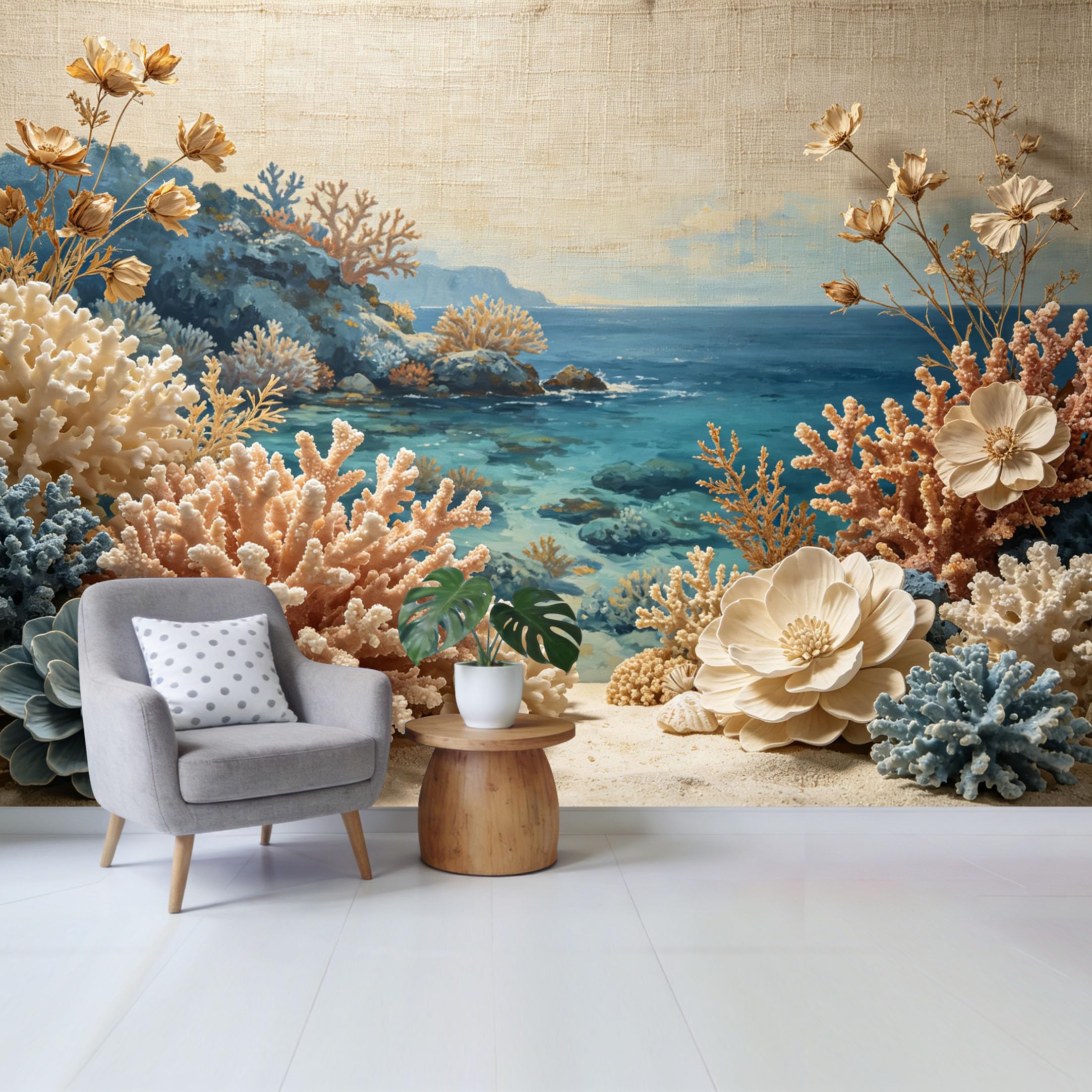 Qzlithotic Yq2605251037 Custom Size Wall Mural Coastal Ocean Scenery Marine Coral Reef Textured Oil Painting Selfadhesive Wall Fabric Removable Wallpaper For Home Office Decor