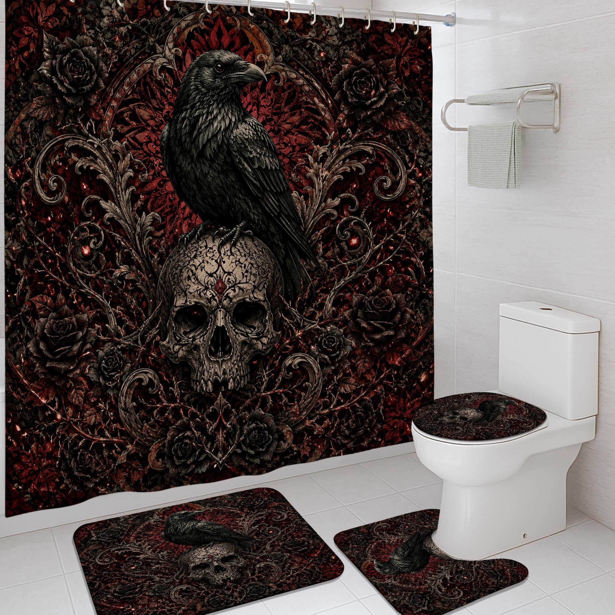 Tapis et rideau de douche noir 183x183 cm au motif gothique raffiné