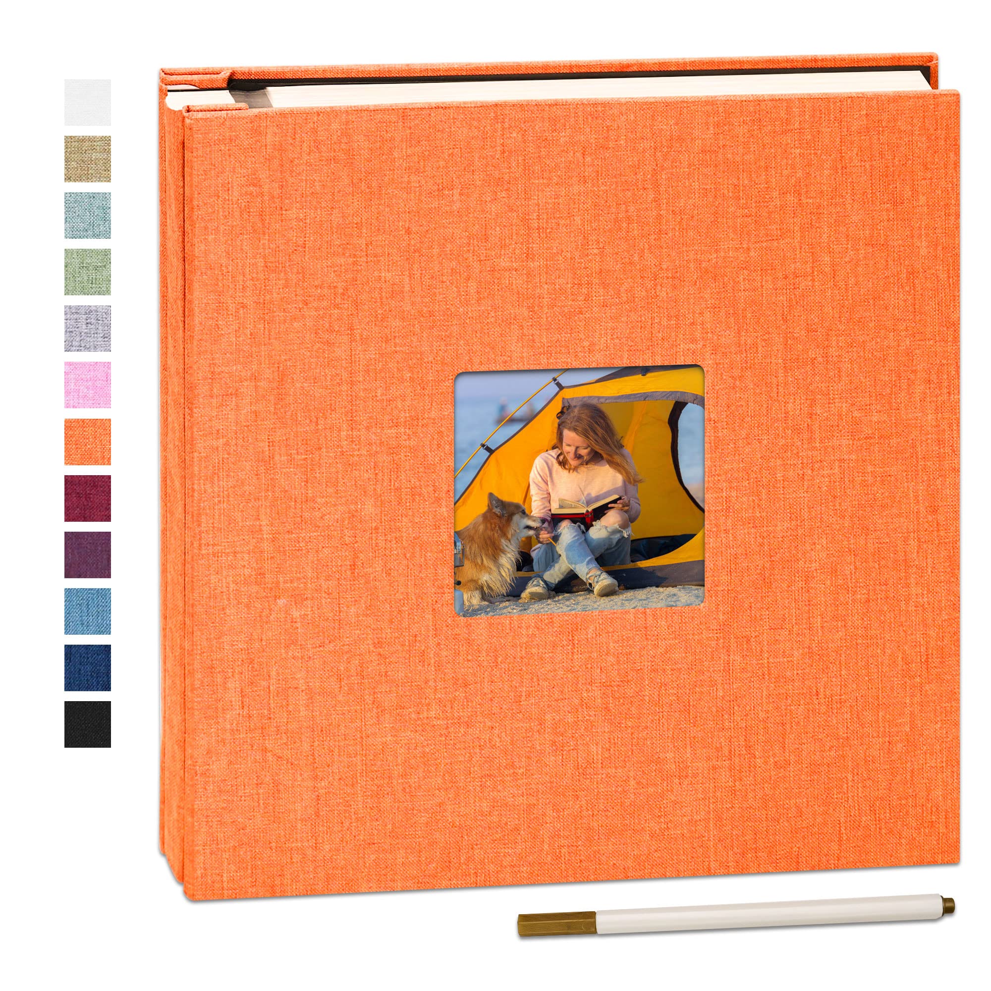 Yopih Orange Self Adhesive Photo Album 28X27cm Fits 10X15 8X13 13X18 15X20 20X25 Cm Photo Scrapbook With Window 40 Pages Linen Cover With A Metallic Pen Diy Memory Book For Baby Wedding Family