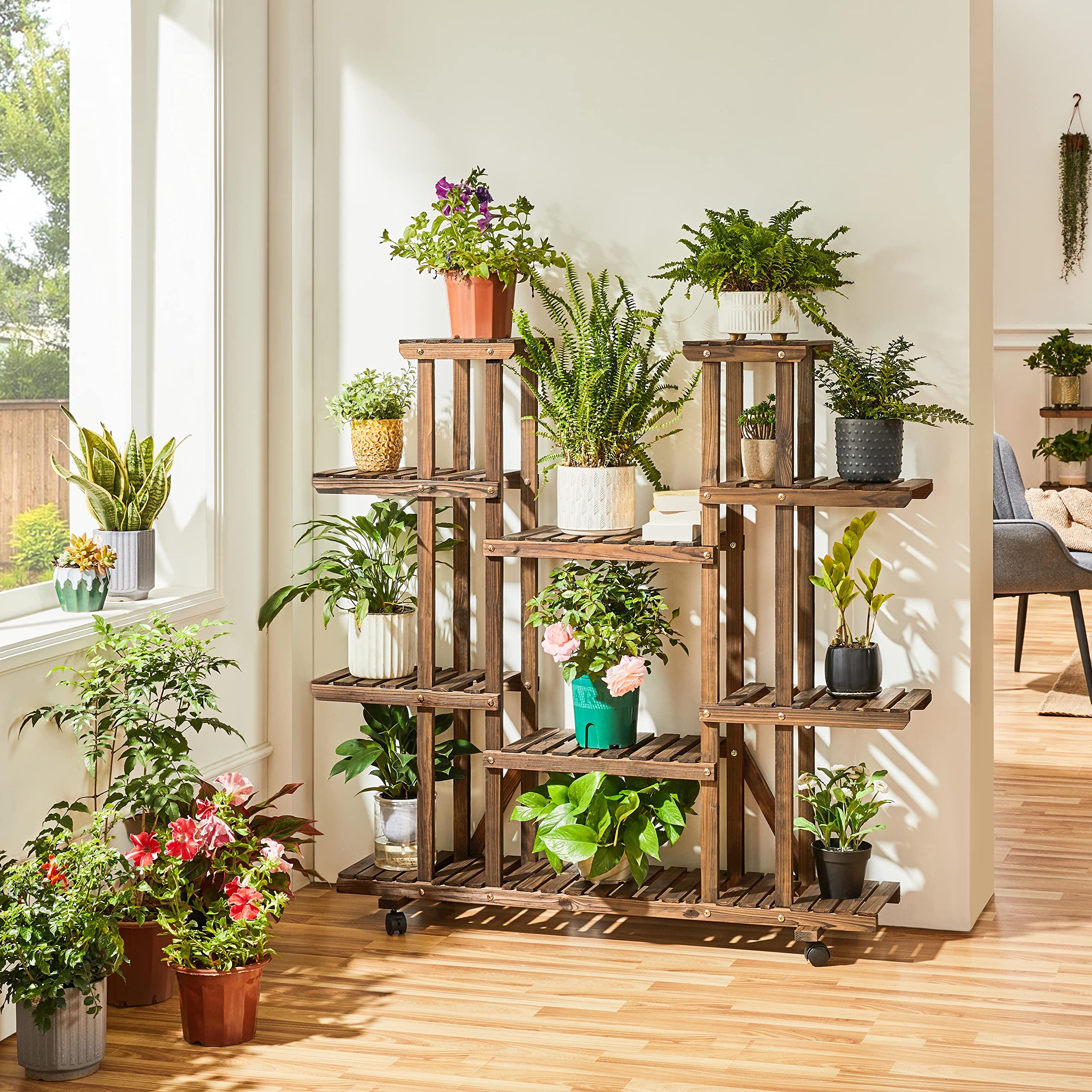Yaheetech Scaffale Porta Piante Vasi Fiori in Legno con Ruote 9 Ripiani da Interno Esterno Balcone Giardino 124,5 x 33 x 120 cm