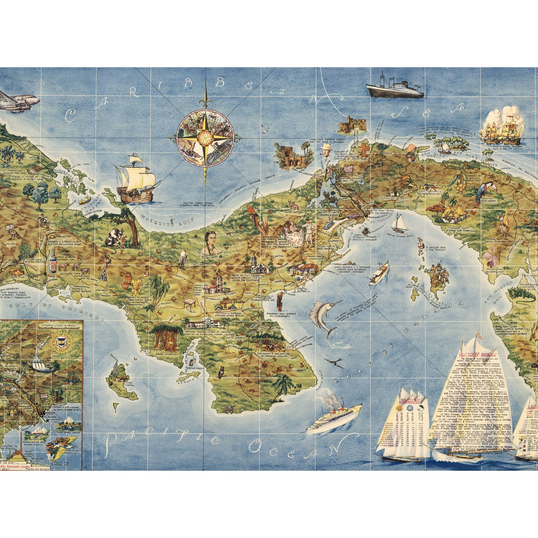 Artery8 Map Herman 1941 Panama Canal Pictorial Premium Wall Art Canvas Print 18X24 Inch