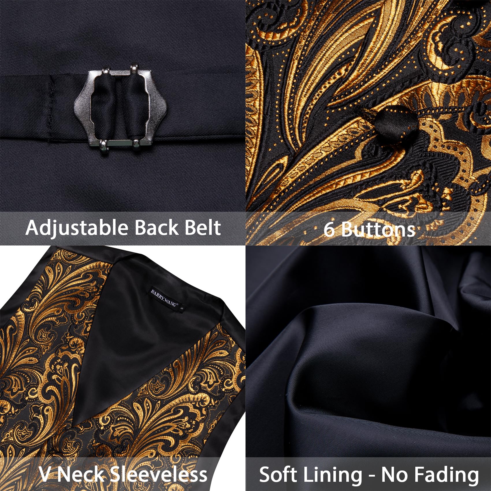 Barry.Wang Set di 7 gilet da uomo in seta jacquard con scollo a V, set da 7 pezzi, gilet formale con cravatta papillon e tasca quadrata per matrimoni e affari