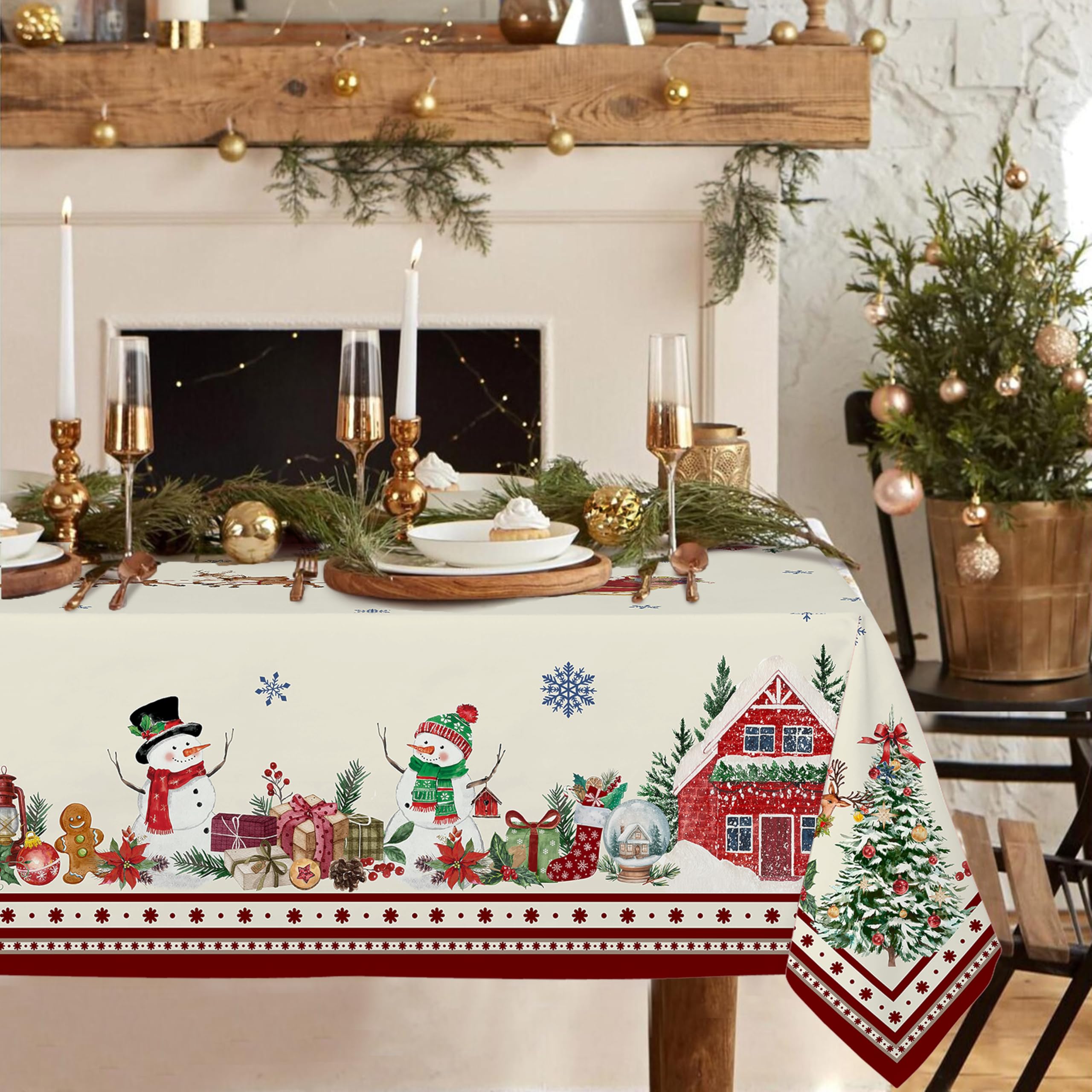 Rectangle Christmas Tablecloth 60 x 120In, Santa Snowman Snowflake Polyester Waterproof Wrinkle-Resistant Durable Tablecloth for Holidays, Kitchen, Winter and Christmas Home Decor — image 1