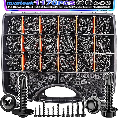 mxuteuk 1170 tornillos autorroscantes #8#10 para metal, 410 tornillos autoperforantes de acero inoxidable, cabeza de armadura y cabeza hexagonal de