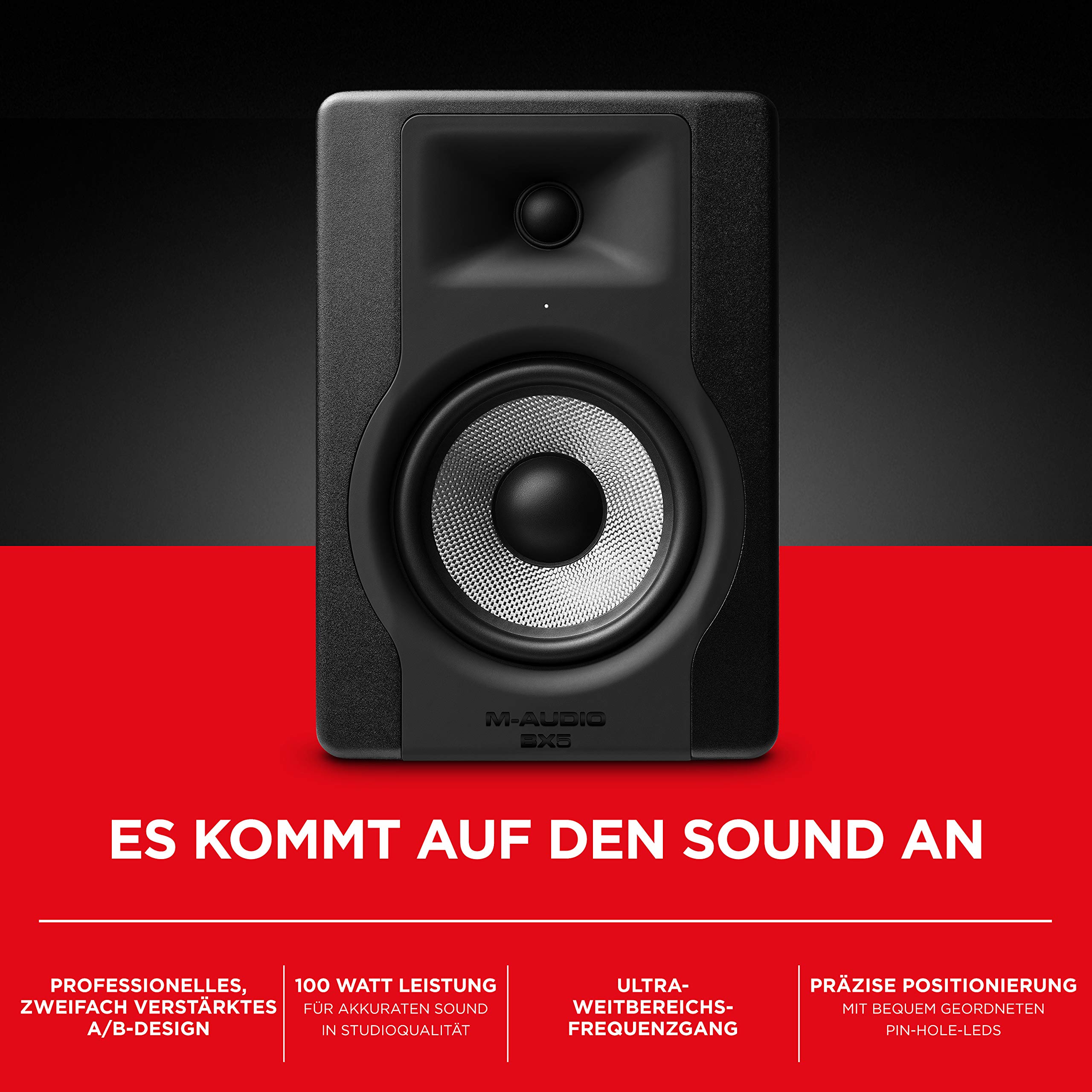 M-AUDIO BX5 Kompakter 2-Wege 5-Zoll Studiomonitor, Lautschprecher Aktiv, für Musikproduktion oder Mixen, mit integrierter Akustischer Raumsteuerung