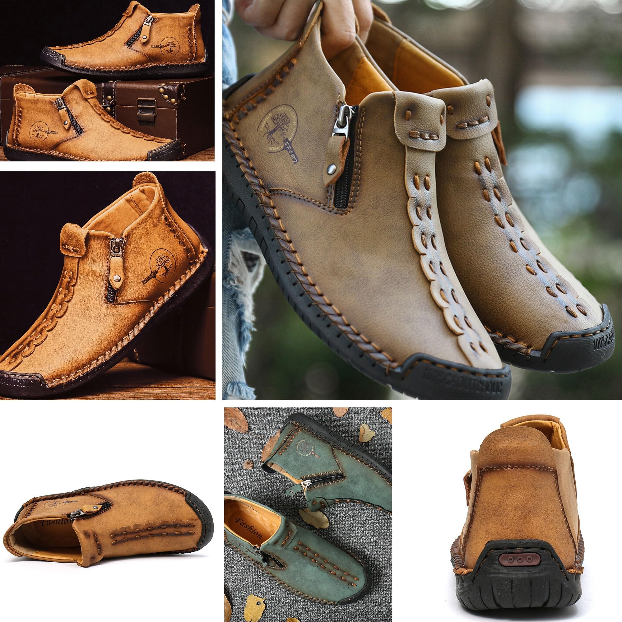 Generico Męskie buty rzemieślnicze z zamkiem błyskawicznym, wygodne i solidne buty robocze na świeżym powietrzu, eleganckie mokasyny na wędrówki i codzienne użytkowanie, wodoodporne skórzane buty