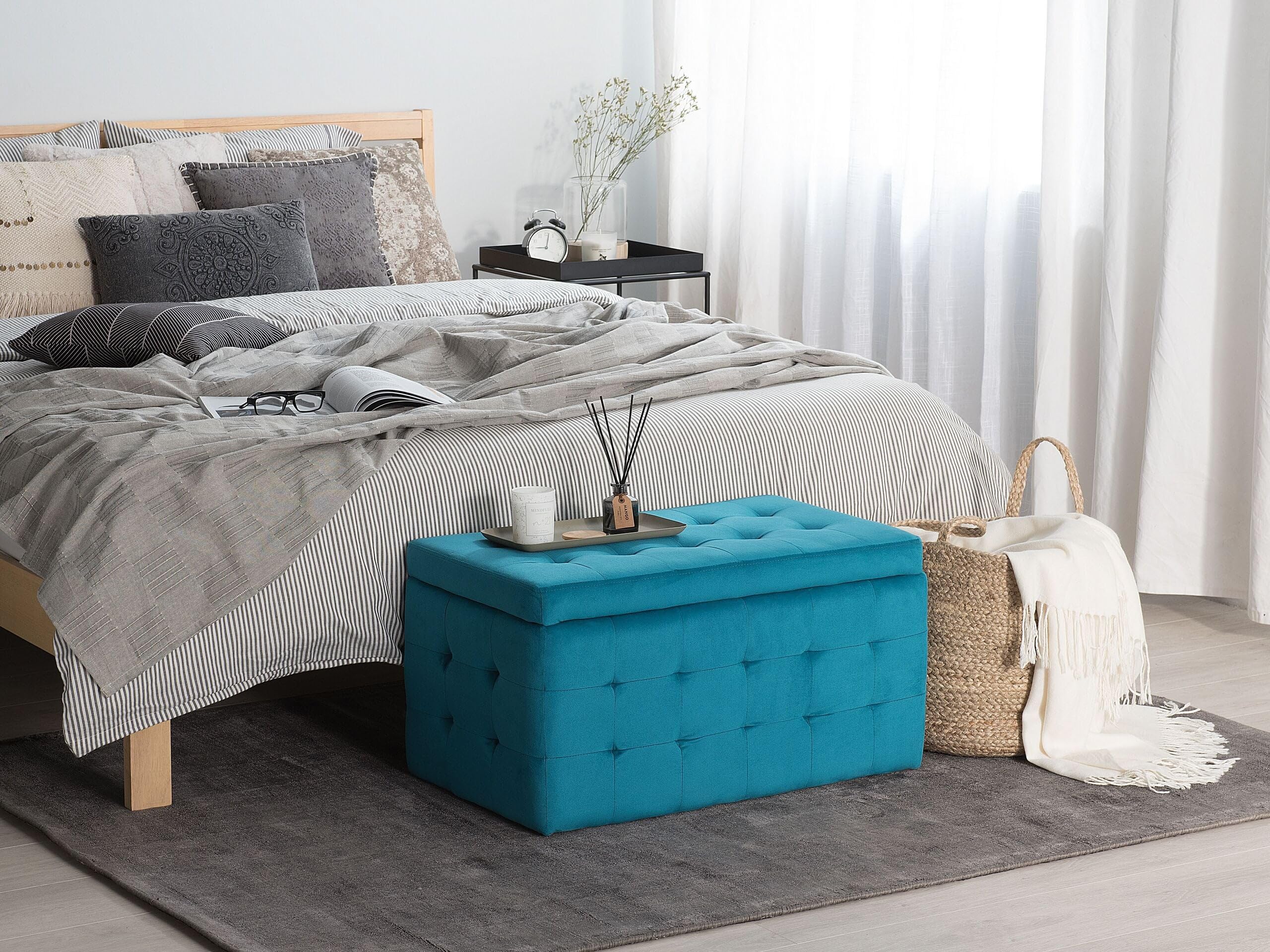 Beliani Pouf Cassapanca Imbottito in Velluto Blu Navy Stile Chesterfield