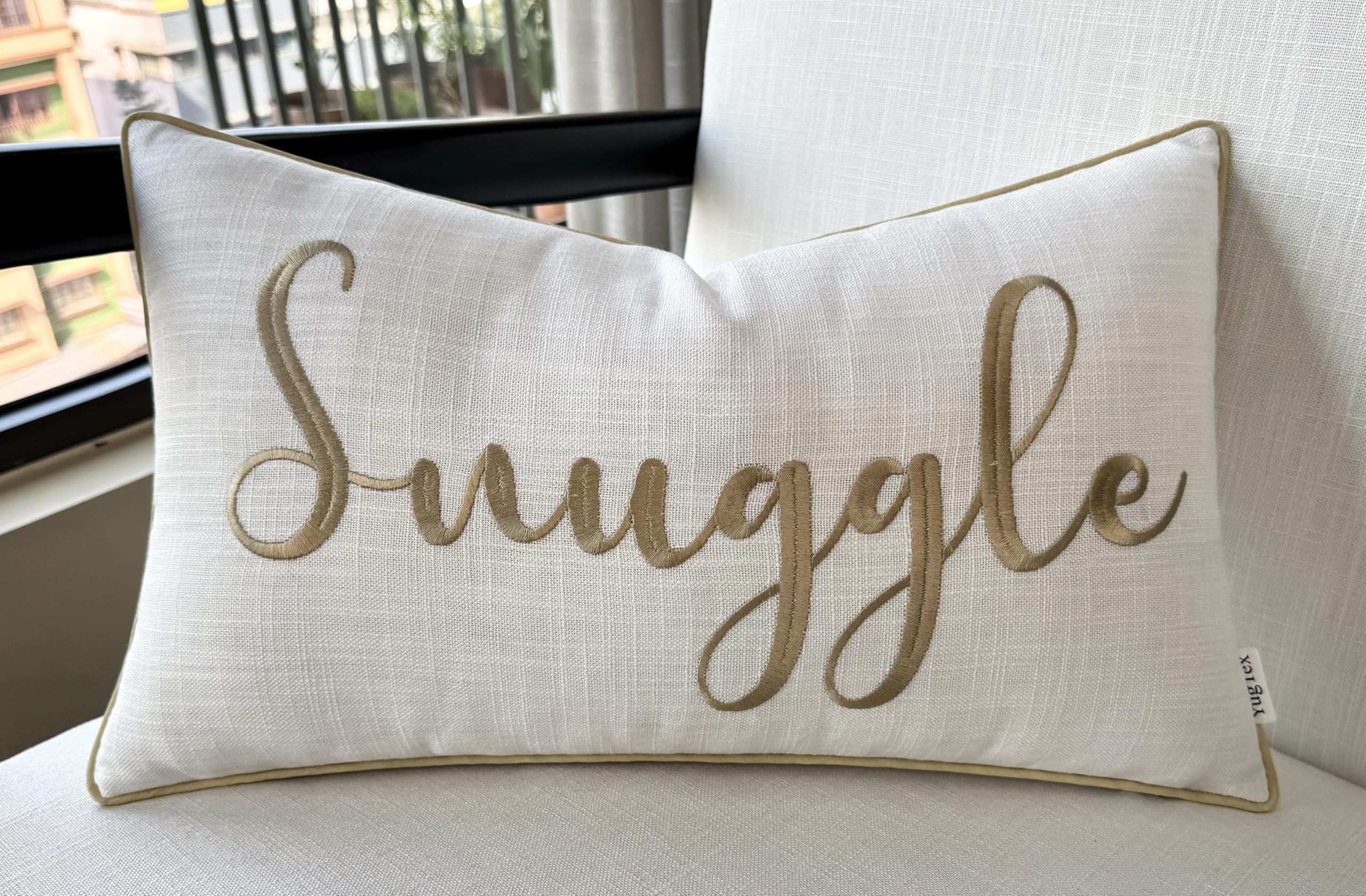 YugTex Snuggle Quote Lumbar Pillow Cover 12x20 - Ivory Embroidered Cotton Accent