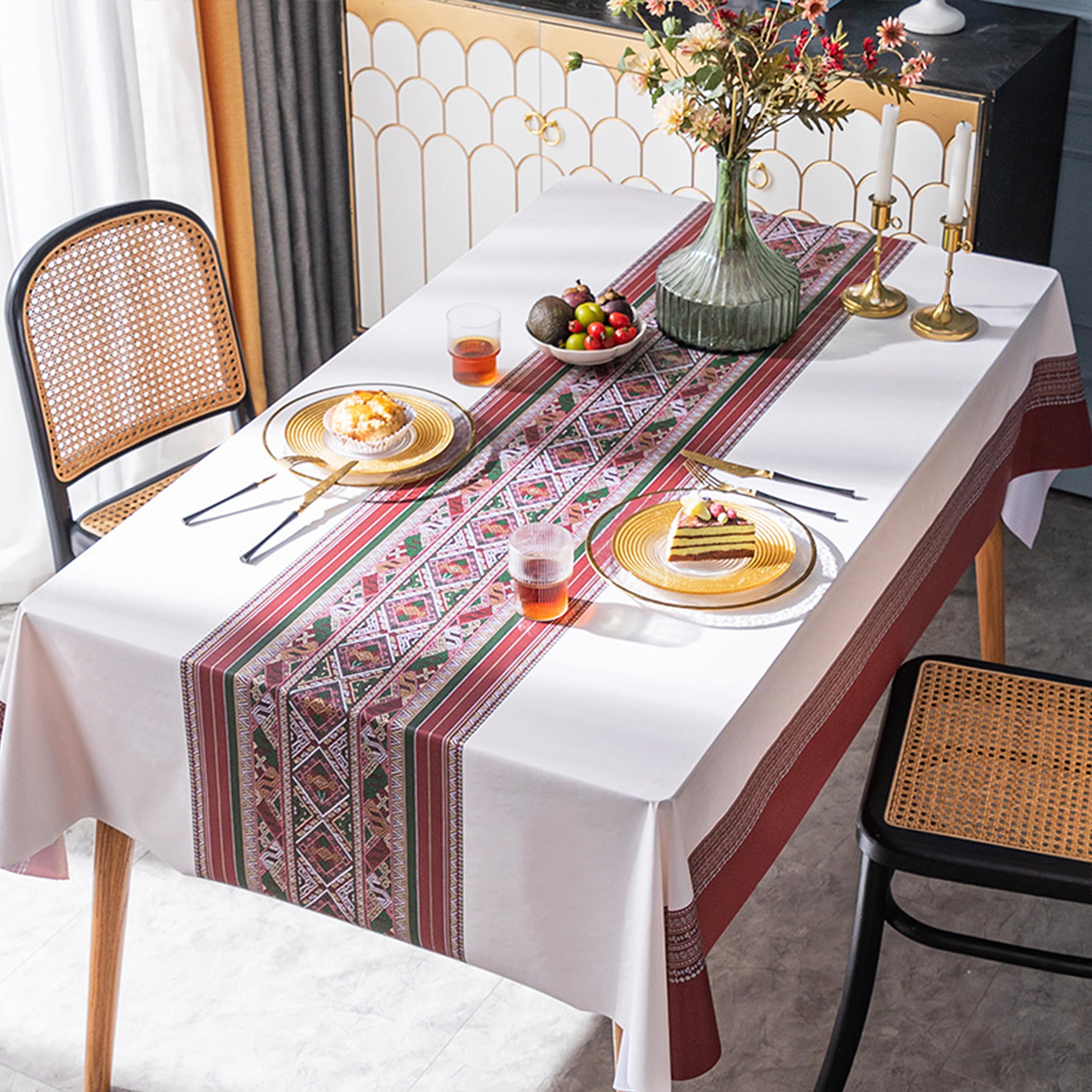 PVC Dining Tablecloth Waterproof Rectangular Table Cover Cloth for Kitchen 4 to 6 Seaters Center Table, Oil-Resistant, Elegant Printed (Red, 140 * 180cm)