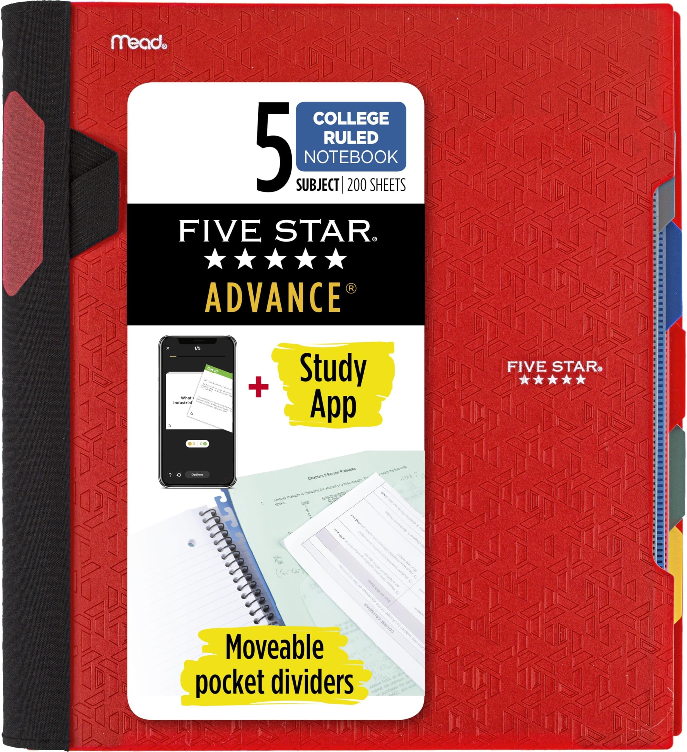 Advance Spiral Notebook Plus Study App, 5 Subject, College Ruled Paper, 27.9 cm x 21.6 cm, 200 Sheets, With Spiral Guard and Movable Dividers, Fire Red, 1 Count (73146)