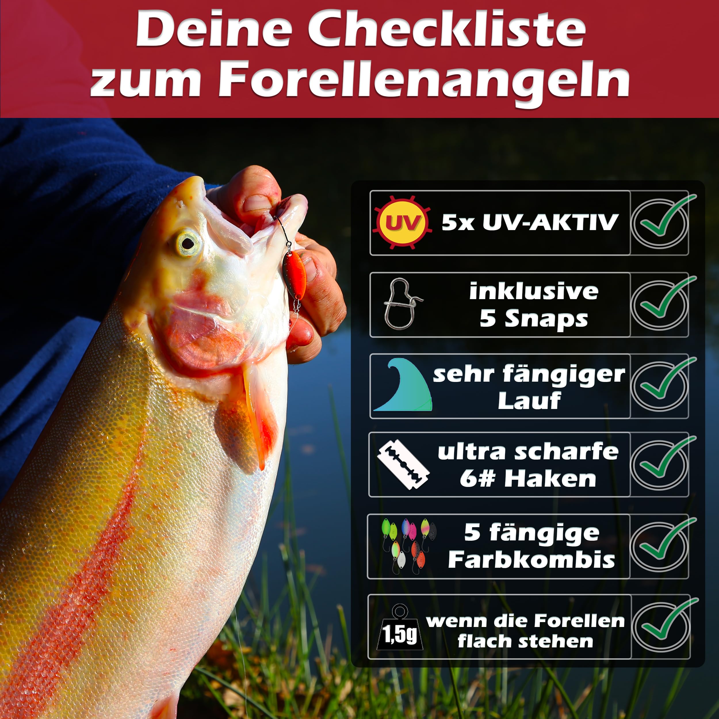 Paradox Fishing Zestaw łyżeczek na pstrągi, 5 łyżeczek 1,5 g, z zatrzaskami, przynęta na pstrągów