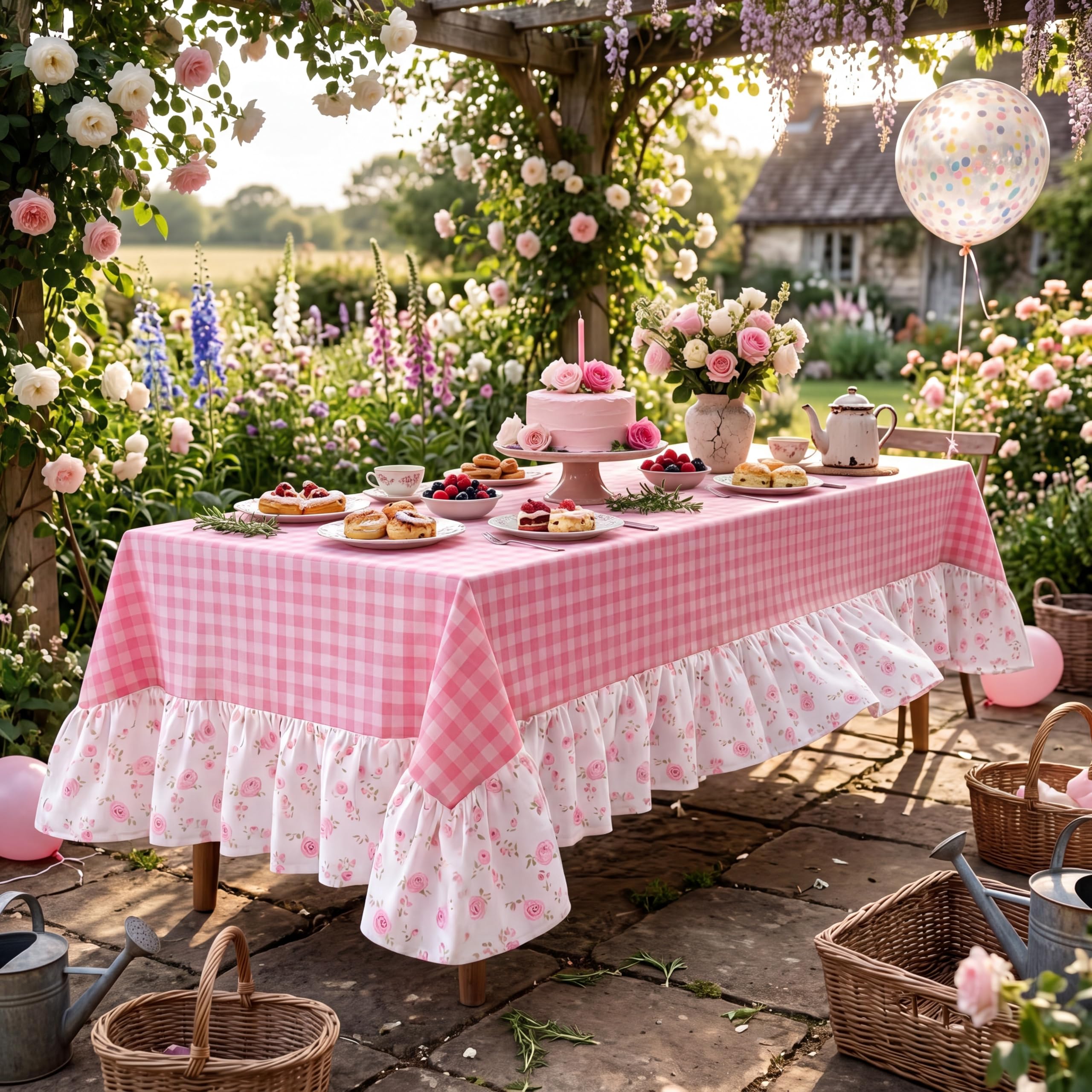 Photo 1 of Moukeren Pink White Plaid Ruffled Long Table Cloth Rectangular Fits 8-10 Seater Table Linen Cotton Checker Gingham Tablecloth with Flower for Baby Shower Birthday Party Picnic Decorative - 120"x60"