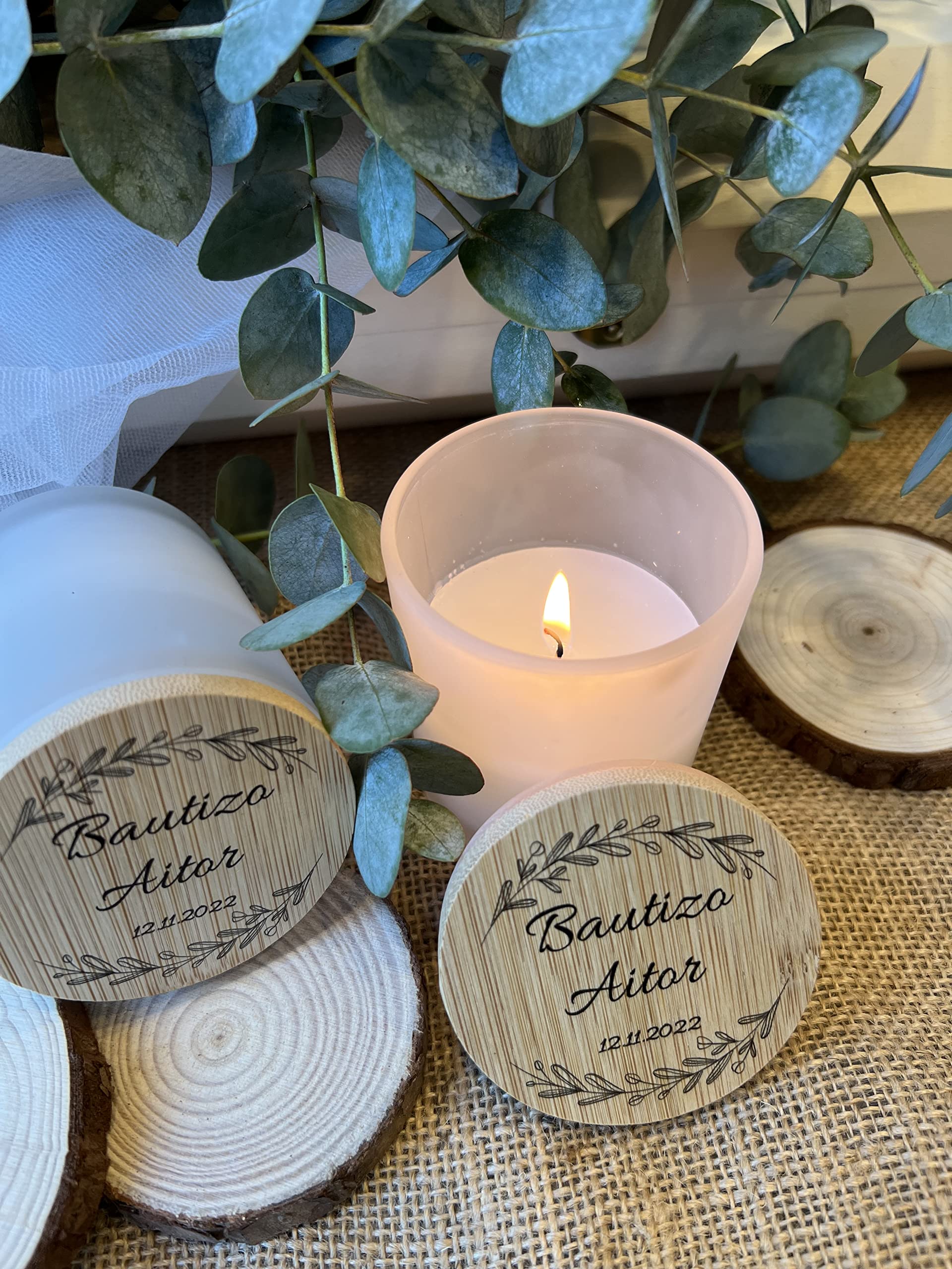 Uvimark - Detalles de boda, comunión, bautizo - Set de 10 velas aromáticas personalizadas - Velas personalizadas con tapa de madera - Regalos Originales