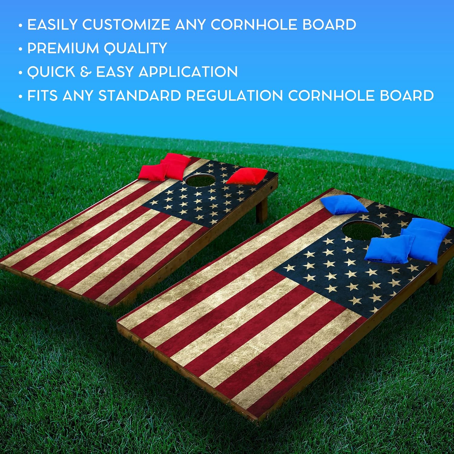 GRAPHIX Express - C190 Distressed American Flag - Patriotic Cornhole Board Wrap - Laminated Weatherproof Vinyl Decal - Easy Bubble-Free Application - Stickers Dimensions: 2' x 4' - Set of 2