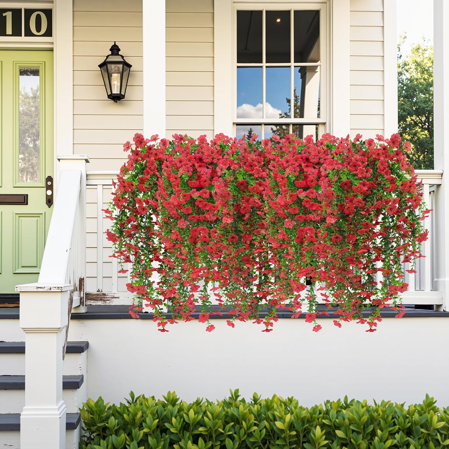 Artificial Fake Hanging Flowers Plant Spring Decoration for Outdoor Faux Silk Daisy with Eucalyptus Leaves 4 Pcs Look Real UV Resistant Indoor Outside Garden Porch Patio Balcony Yard Farmhouse(Red)